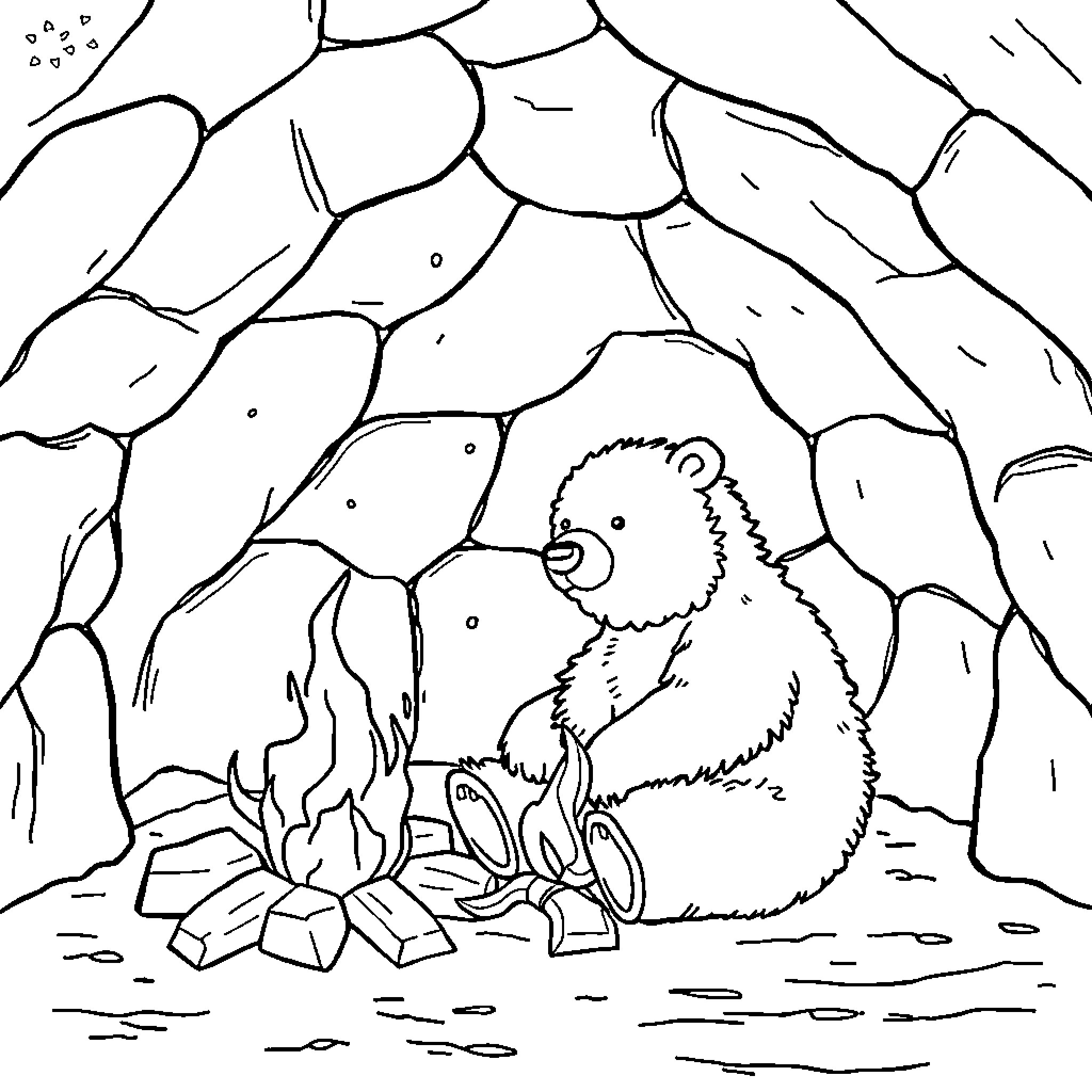 Polar Bear Sitting Calmly in Icy Landscape Coloring Page (free black-and-white line drawing printable PDF for all, from beginners to advanced learners, including children, teens, adults, and seniors)