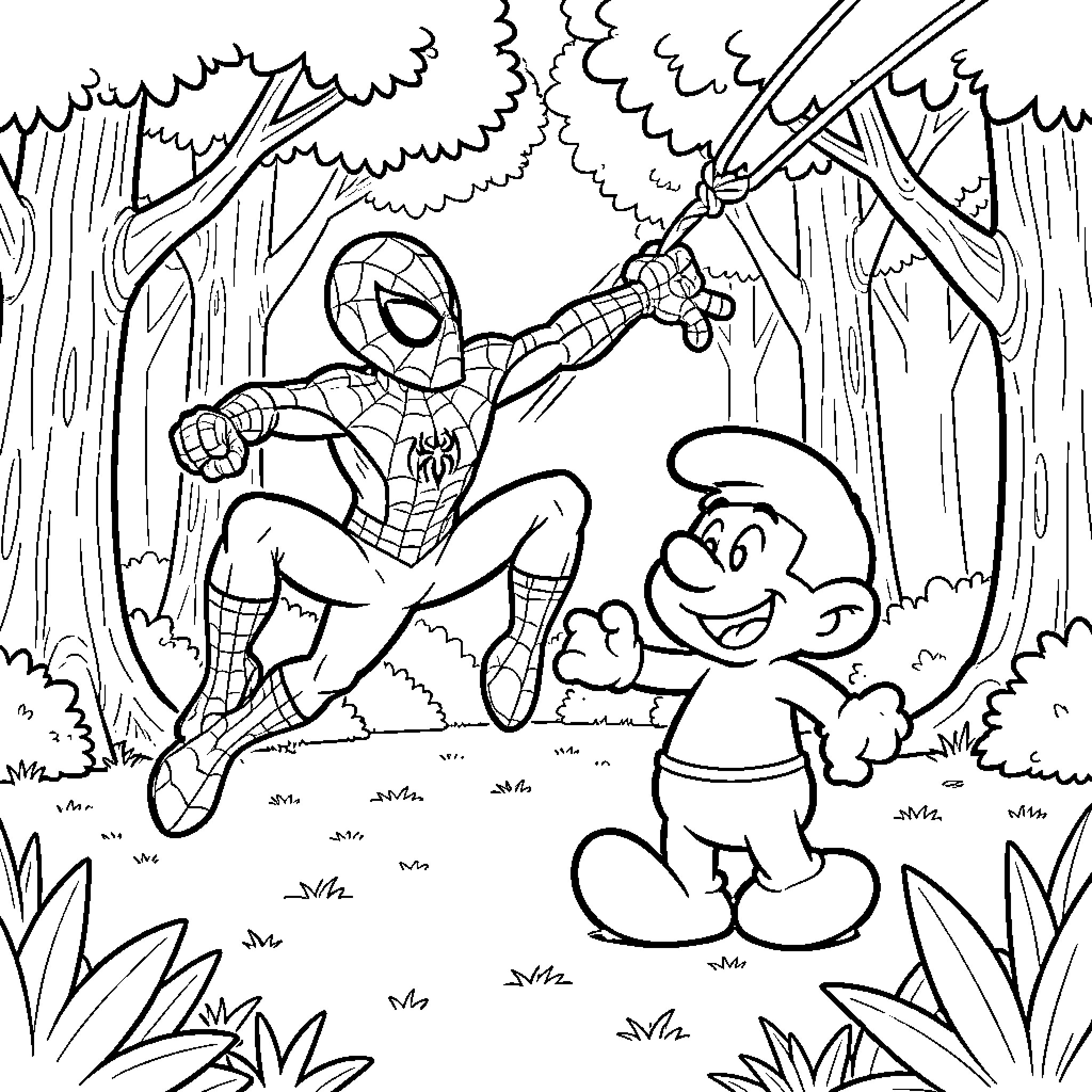 Spiderman swinging through a forest toward Mario Coloring Page (free black-and-white line drawing printable PDF for all, from beginners to advanced learners, including children, teens, adults, and seniors)