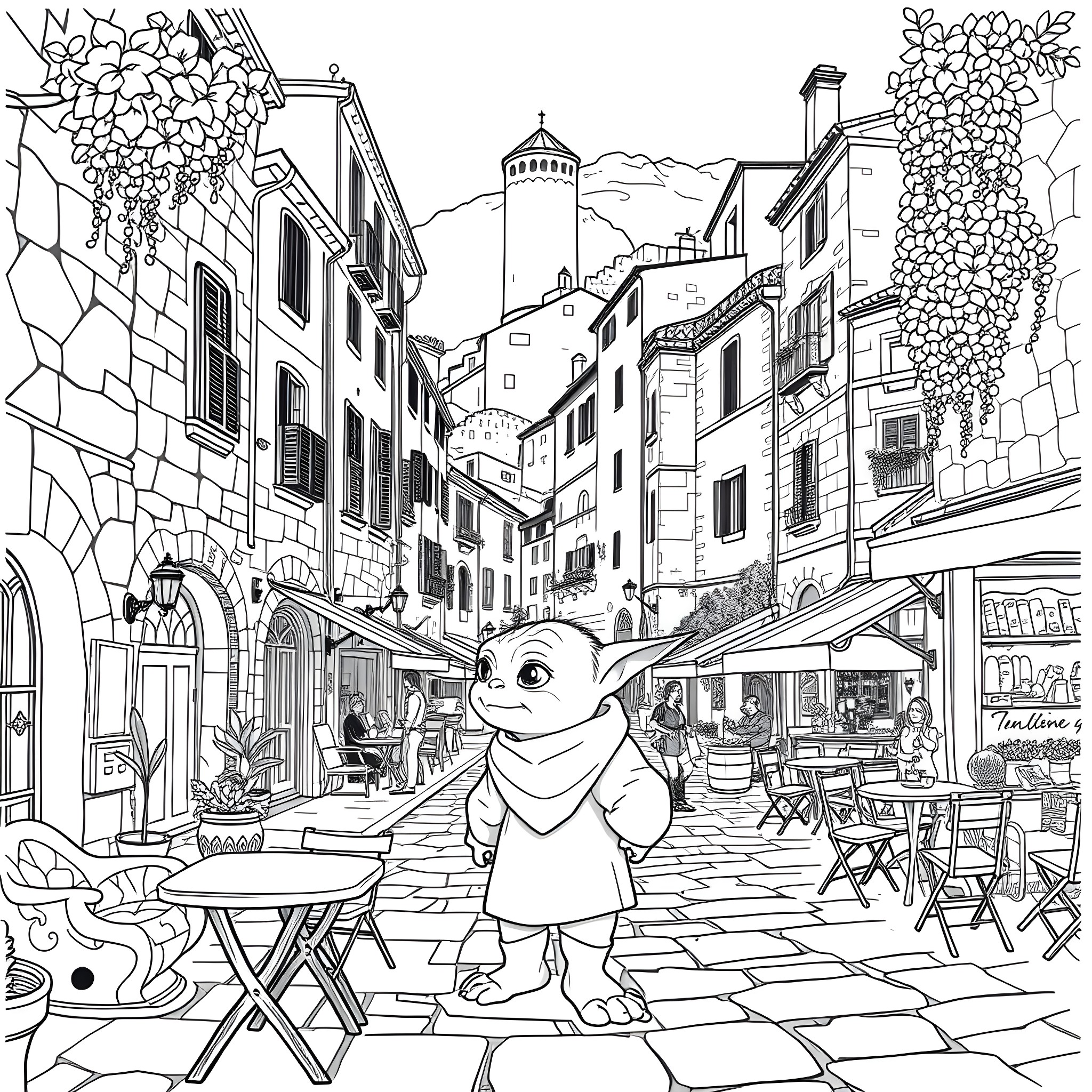 Baby Yoda exploring a charming Italian town Coloring Page (free black-and-white line drawing printable PDF for all, from beginners to advanced learners, including children, teens, adults, and seniors)