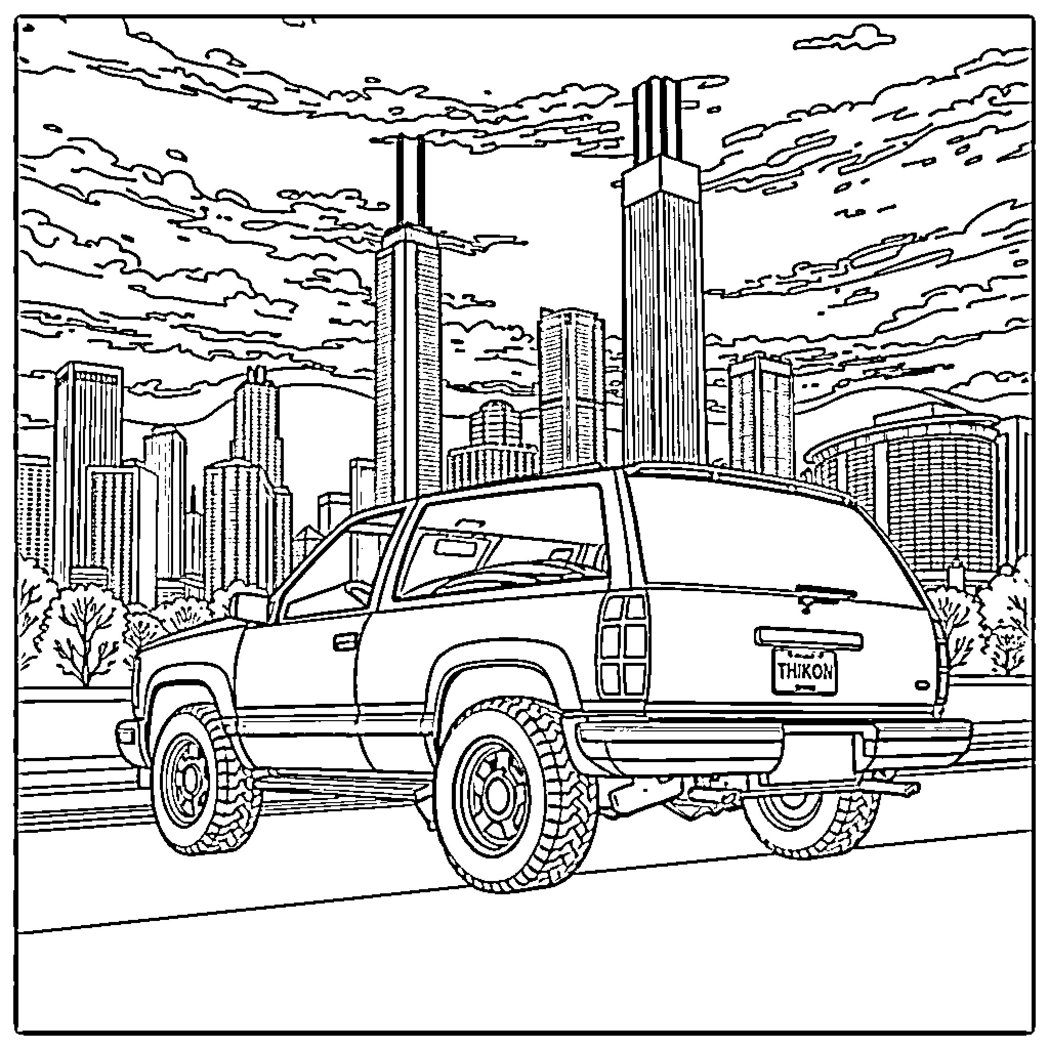 Yukon SUV driving through the city Coloring Page (free black-and-white line drawing printable PDF for all, from beginners to advanced learners, including children, teens, adults, and seniors)