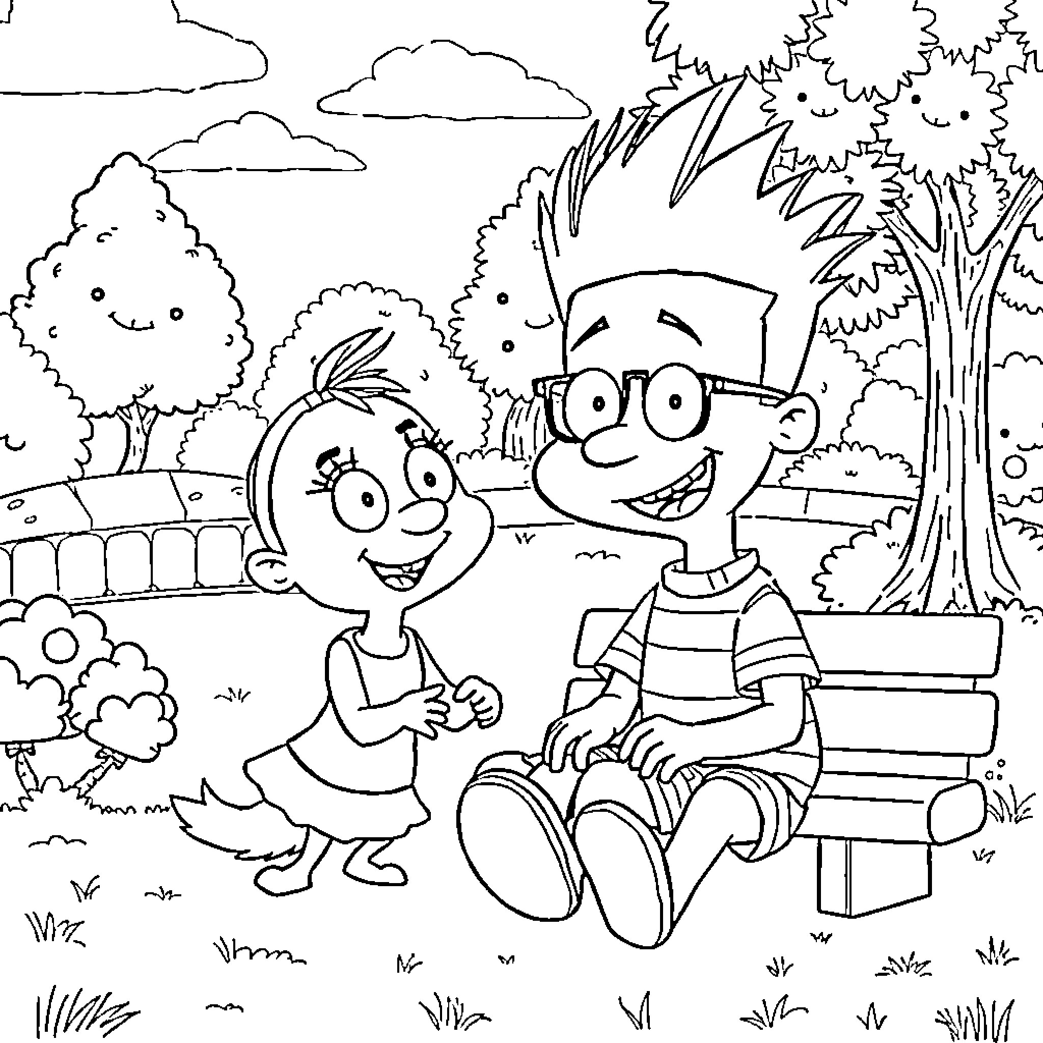 Bluey and Bingo playing in the park Coloring Page (free black-and-white line drawing printable PDF for all, from beginners to advanced learners, including children, teens, adults, and seniors)
