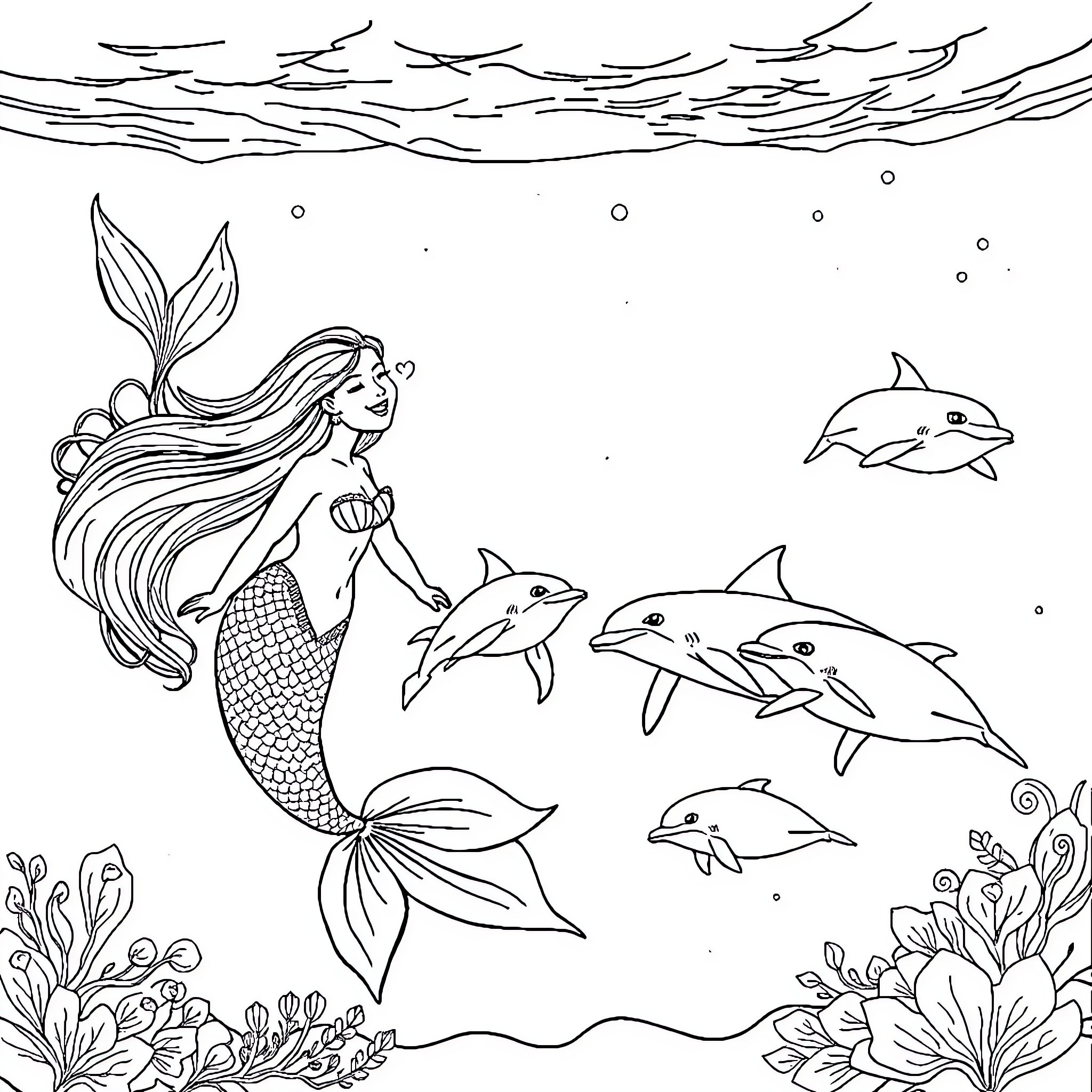 Mermaid and dolphins swimming in the ocean Coloring Page (free black-and-white line drawing printable PDF for all, from beginners to advanced learners, including children, teens, adults, and seniors)