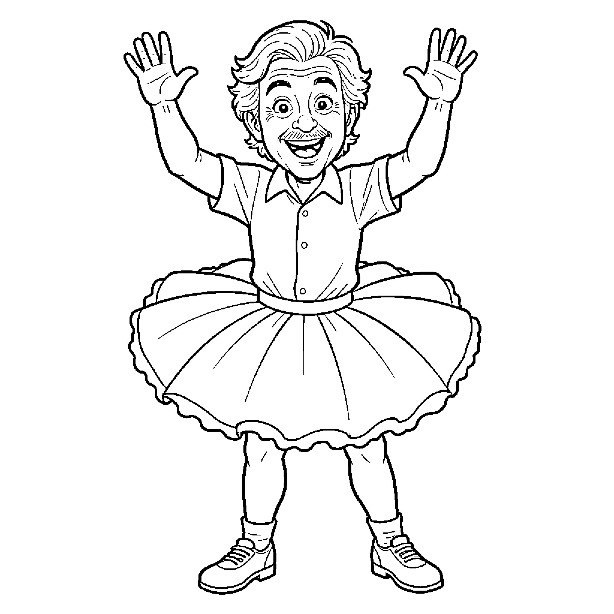 Christian Clavier wearing a tutu and waving hands Coloring Page (free black-and-white line drawing printable PDF for all, from beginners to advanced learners, including children, teens, adults, and seniors)