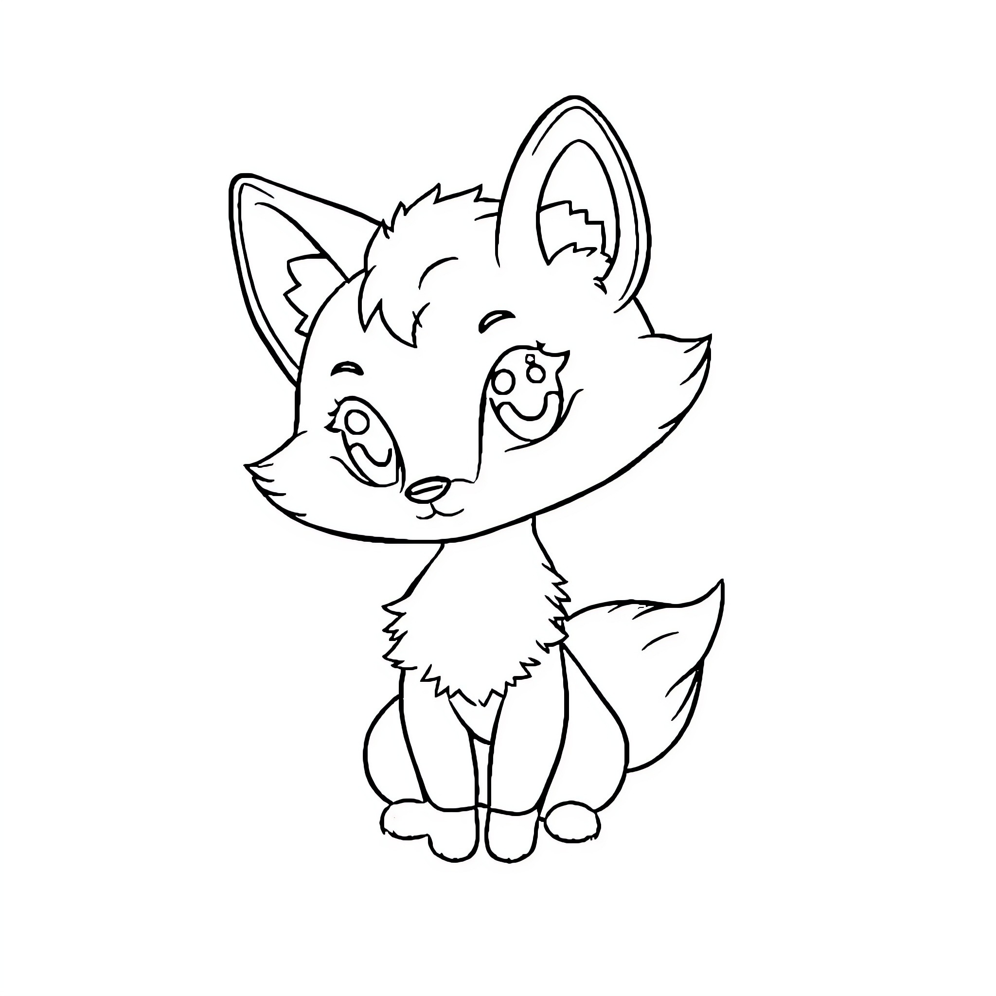 Chibi Fox sitting playfully Coloring Page (free black-and-white line drawing printable PDF for all, from beginners to advanced learners, including children, teens, adults, and seniors)
