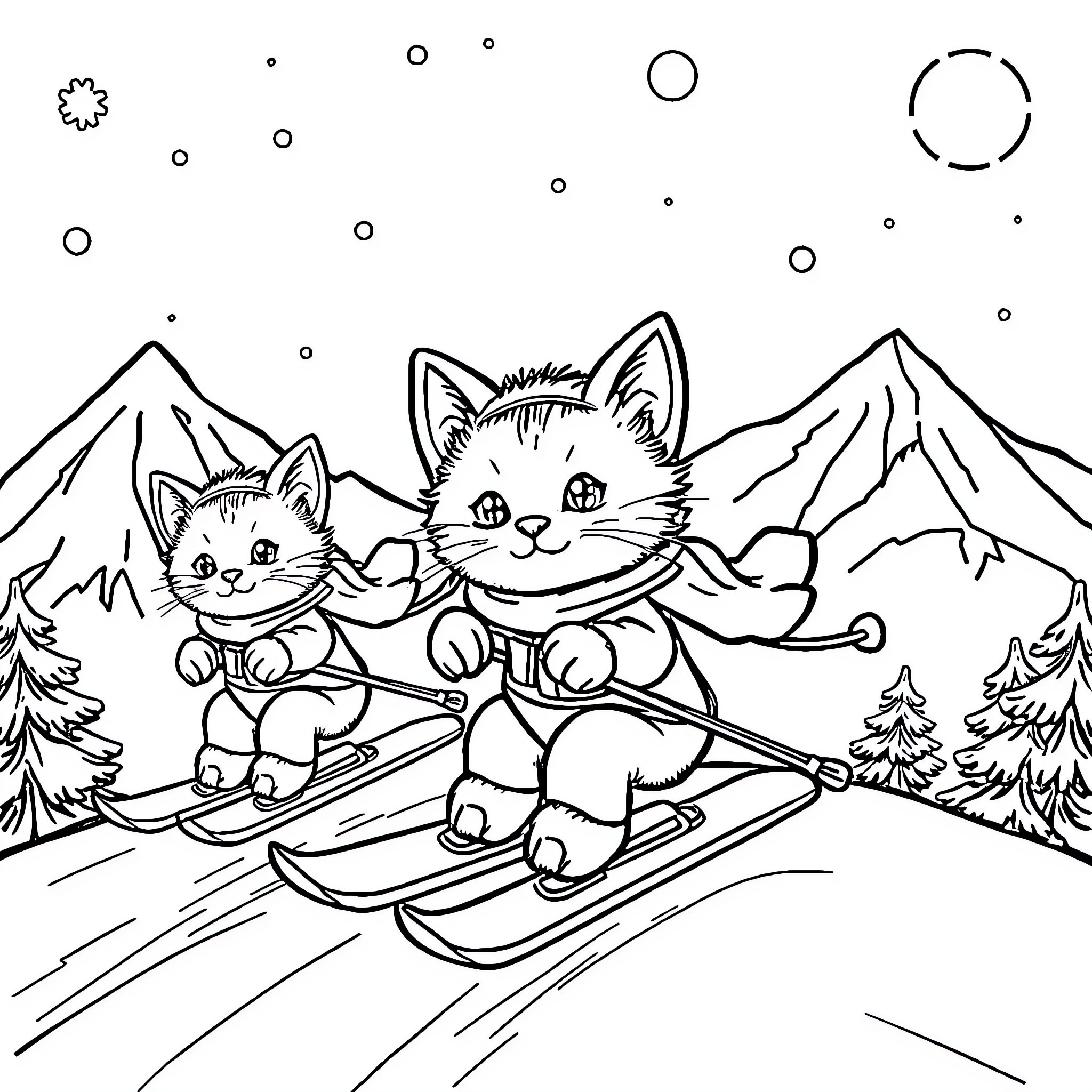 Kittens skiing down a snowy mountain Coloring Page (free black-and-white line drawing printable PDF for all, from beginners to advanced learners, including children, teens, adults, and seniors)
