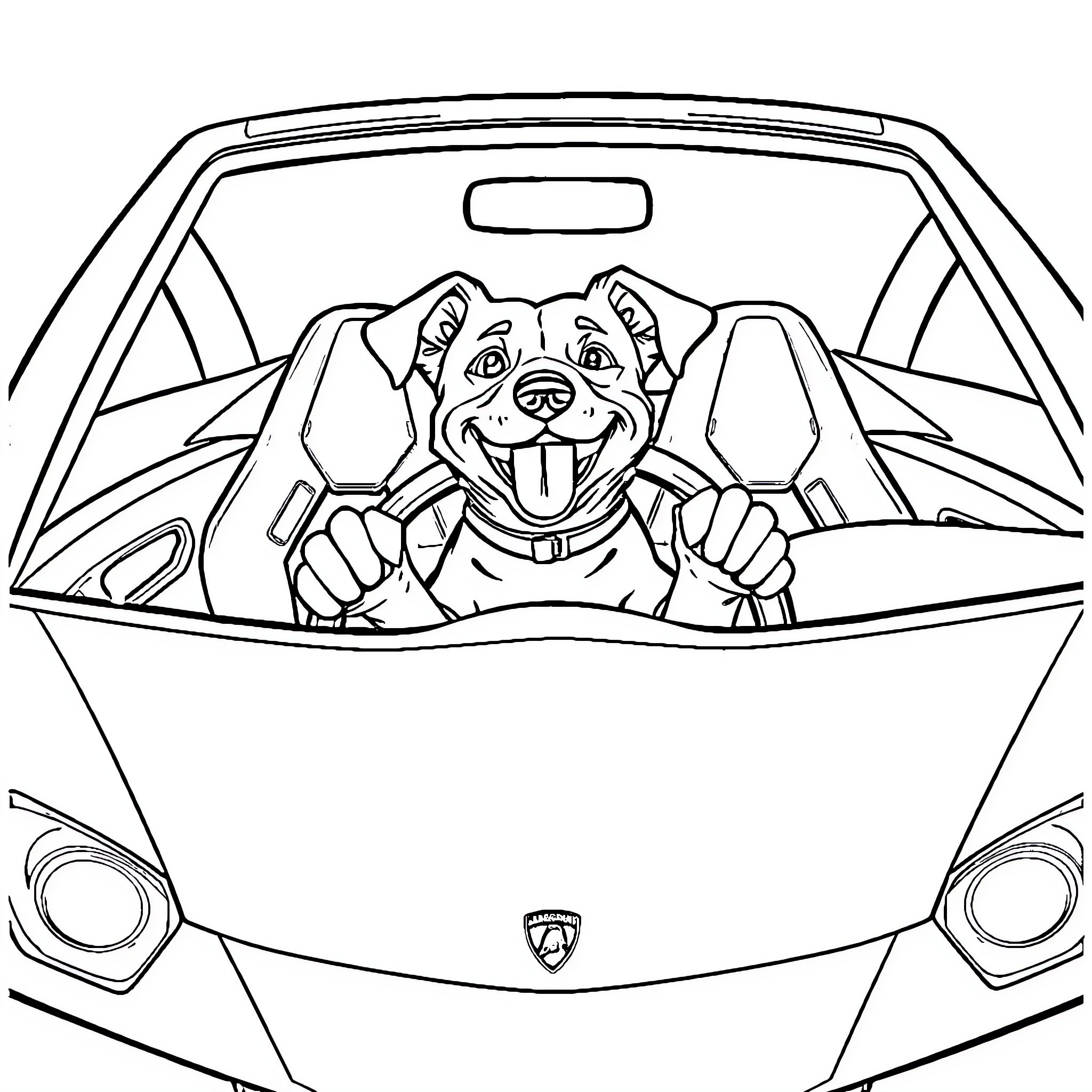 Dog Driving a Car Happily Coloring Page (free black-and-white line drawing printable PDF for all, from beginners to advanced learners, including children, teens, adults, and seniors)