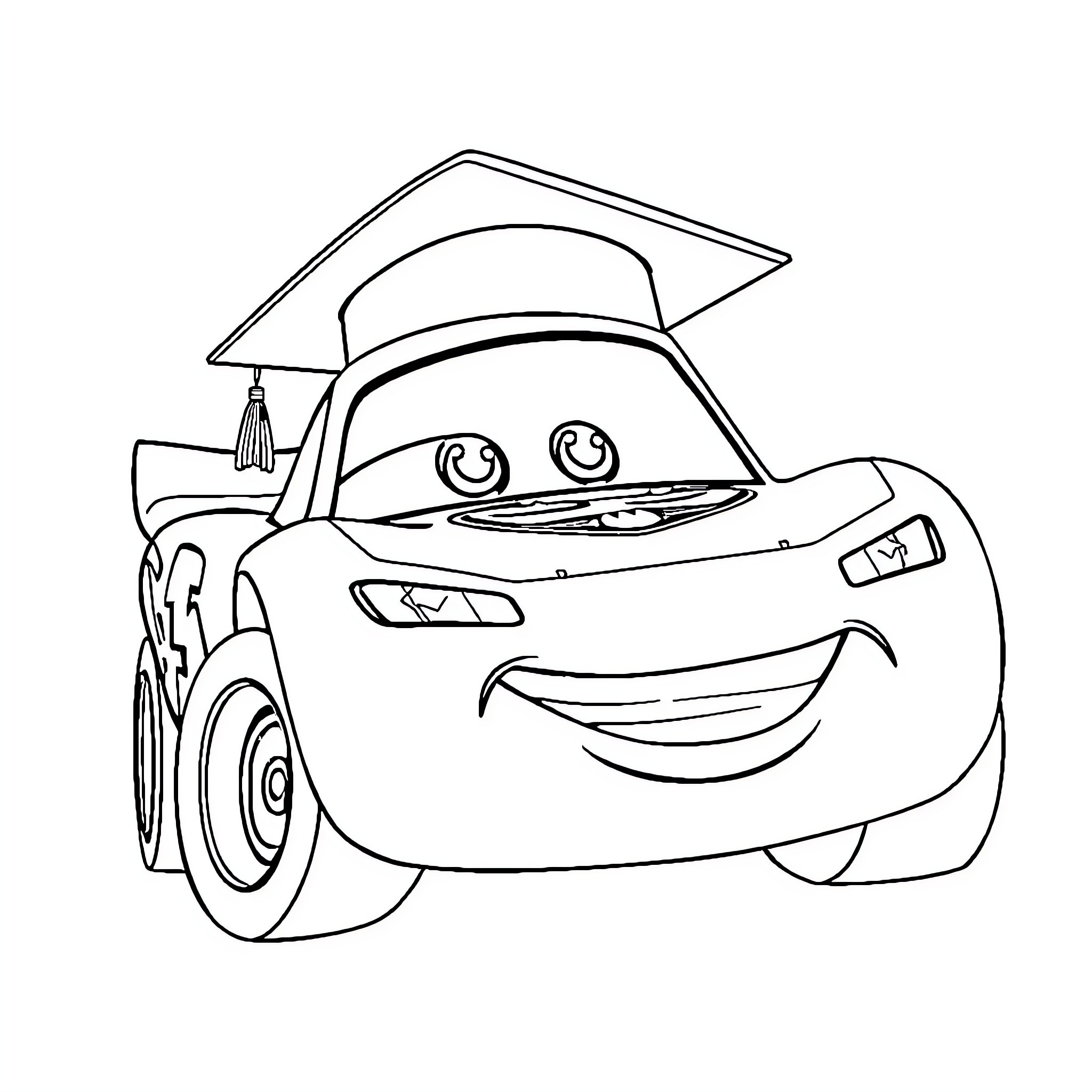Lightning McQueen in graduation cap Coloring Page (free black-and-white line drawing printable PDF for all, from beginners to advanced learners, including children, teens, adults, and seniors)