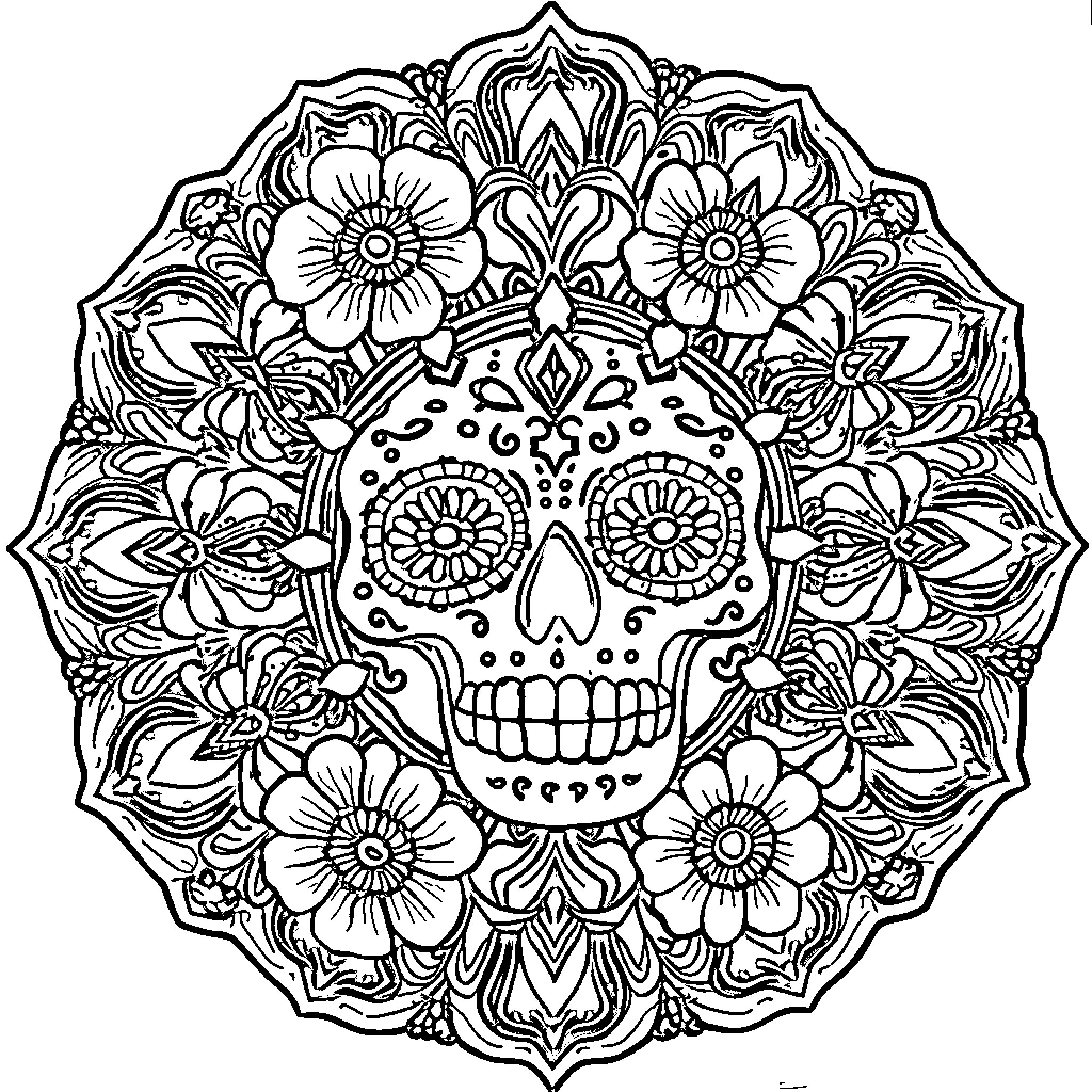 Mandalas with ornate sugar skull and floral patterns Coloring Page (free black-and-white line drawing printable PDF for all, from beginners to advanced learners, including children, teens, adults, and seniors)