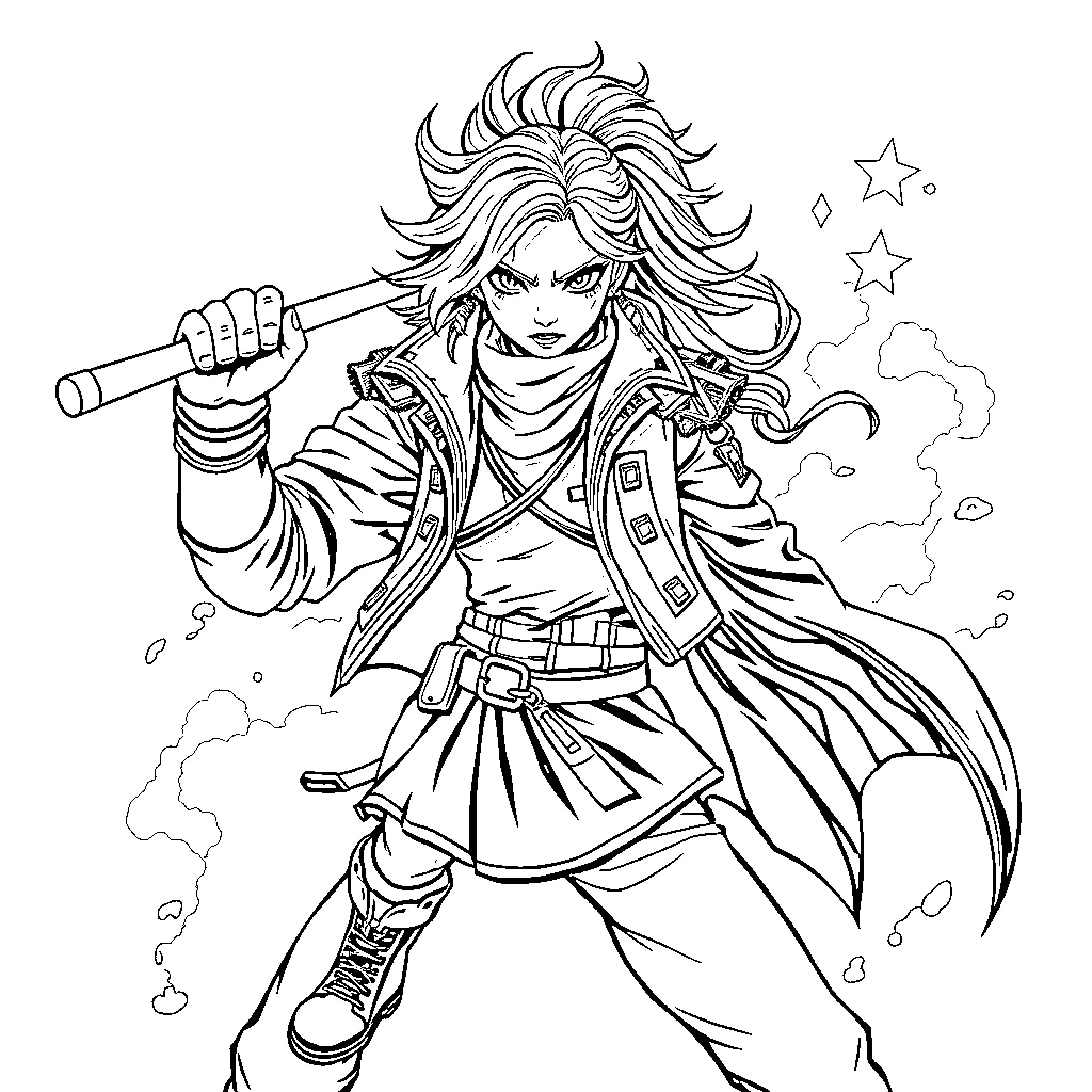 Warrior in fierce battle stance with weapon Coloring Page (free black-and-white line drawing printable PDF for all, from beginners to advanced learners, including children, teens, adults, and seniors)