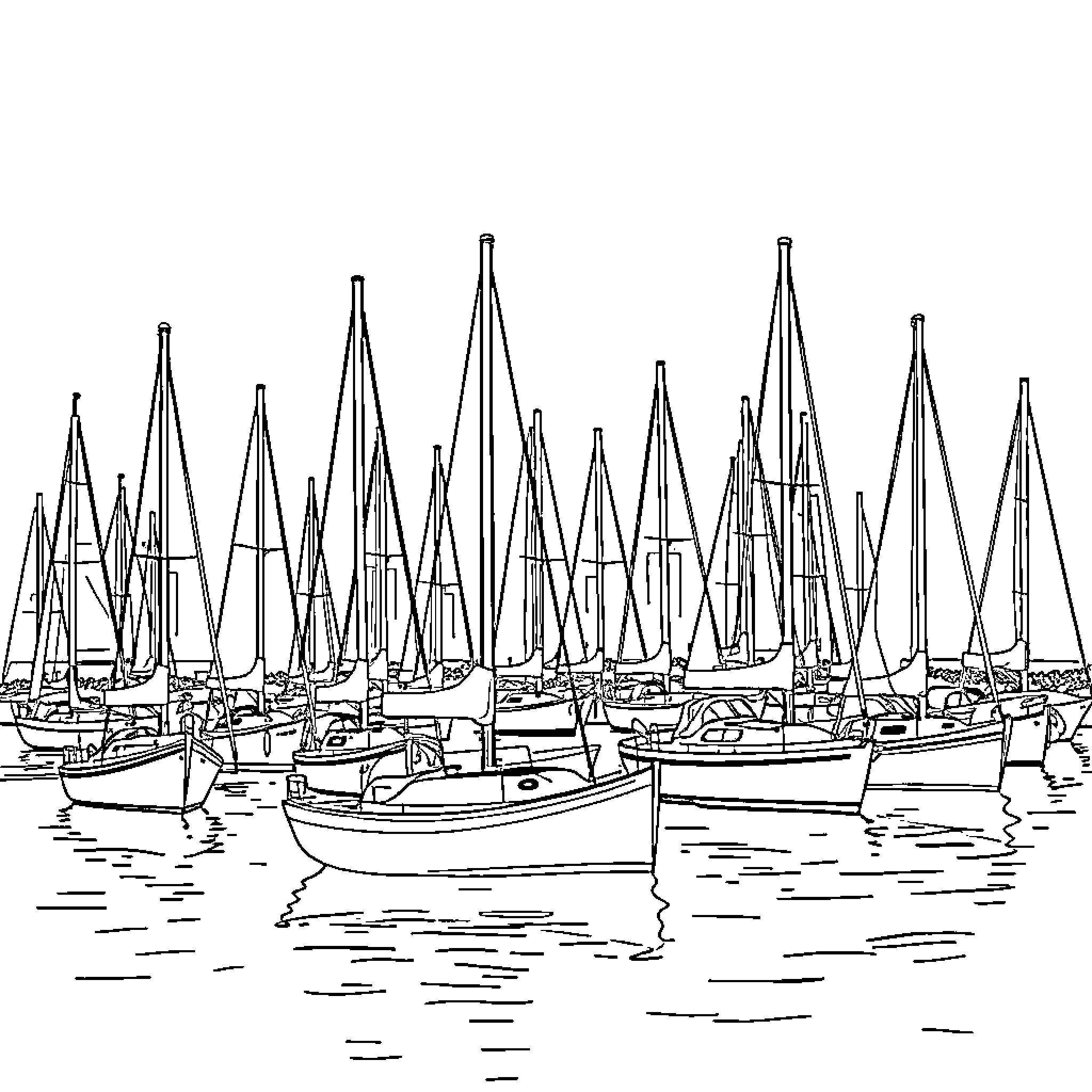 Sailboat racing regatta on the high seas Coloring Page (free black-and-white line drawing printable PDF for all, from beginners to advanced learners, including children, teens, adults, and seniors)