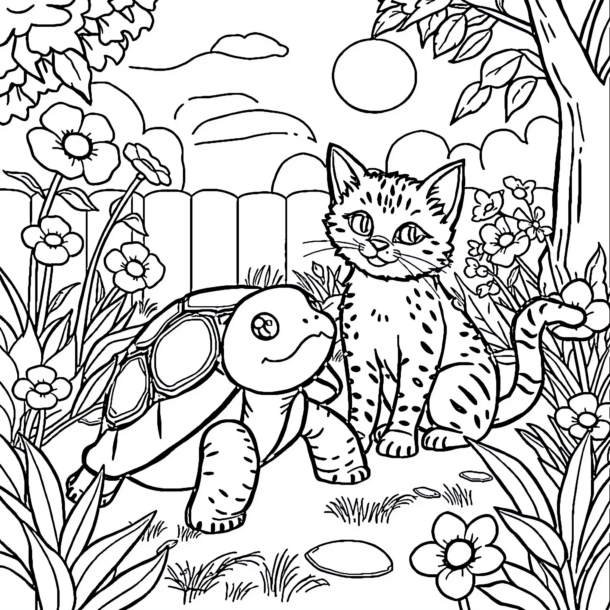 Turtle and kitten playing in lush garden Coloring Page (free black-and-white line drawing printable PDF for all, from beginners to advanced learners, including children, teens, adults, and seniors)