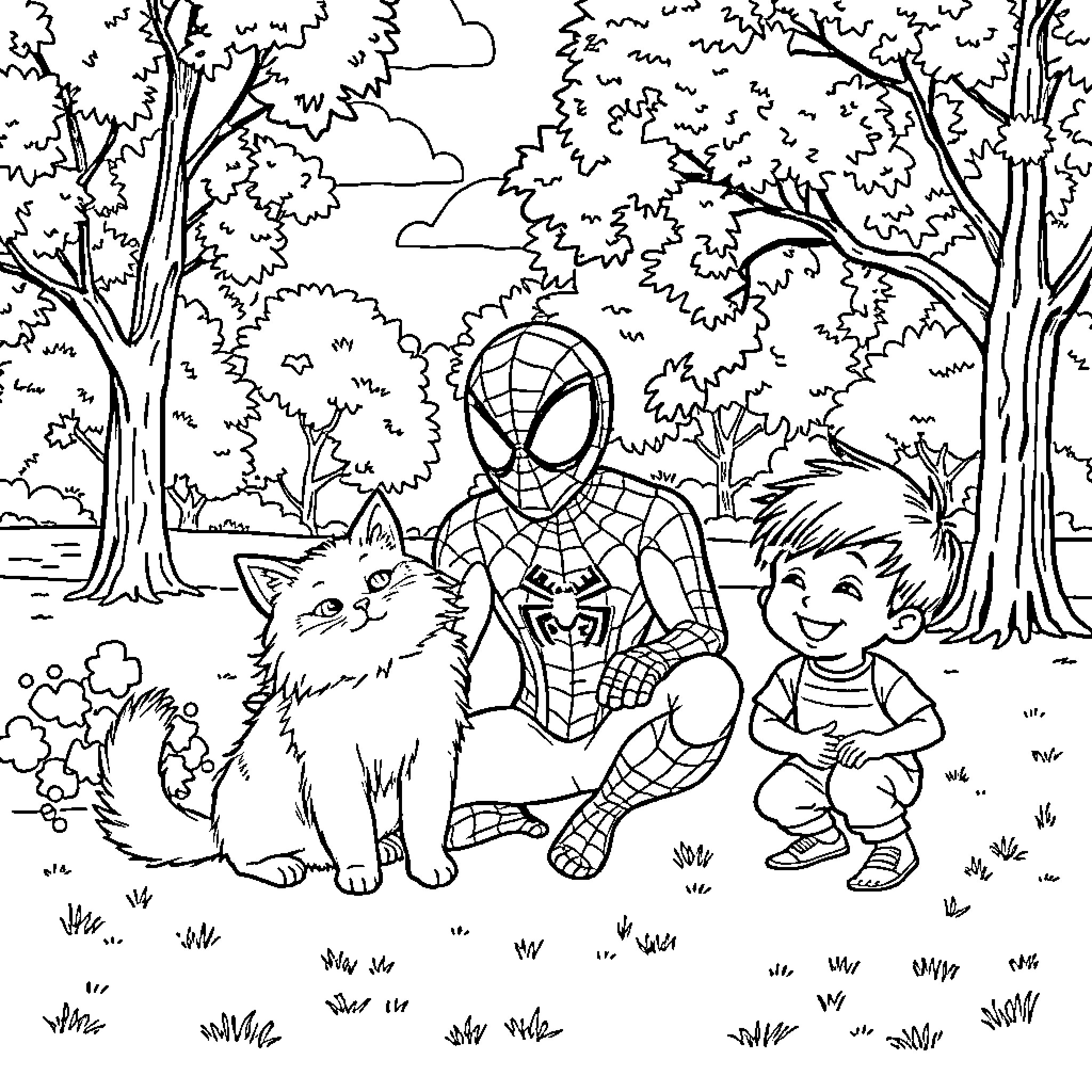 Spiderman playing with boy and cat in the forest Coloring Page (free black-and-white line drawing printable PDF for all, from beginners to advanced learners, including children, teens, adults, and seniors)