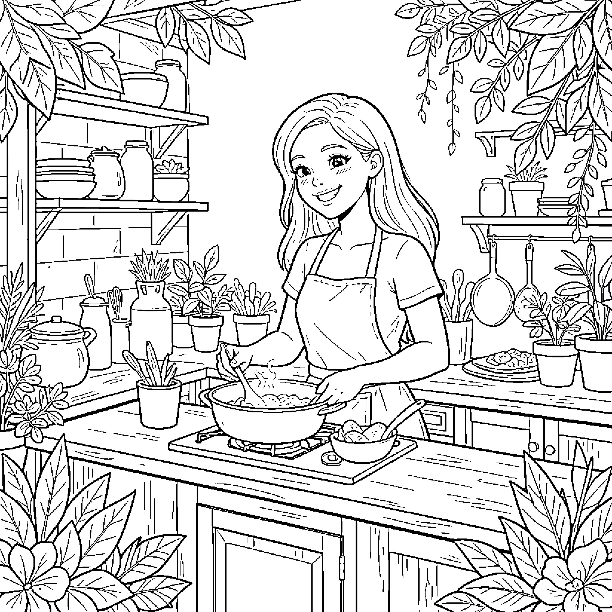 Lady Cooking Delicious Meal in Cozy Kitchen Coloring Page (free black-and-white line drawing printable PDF for all, from beginners to advanced learners, including children, teens, adults, and seniors)