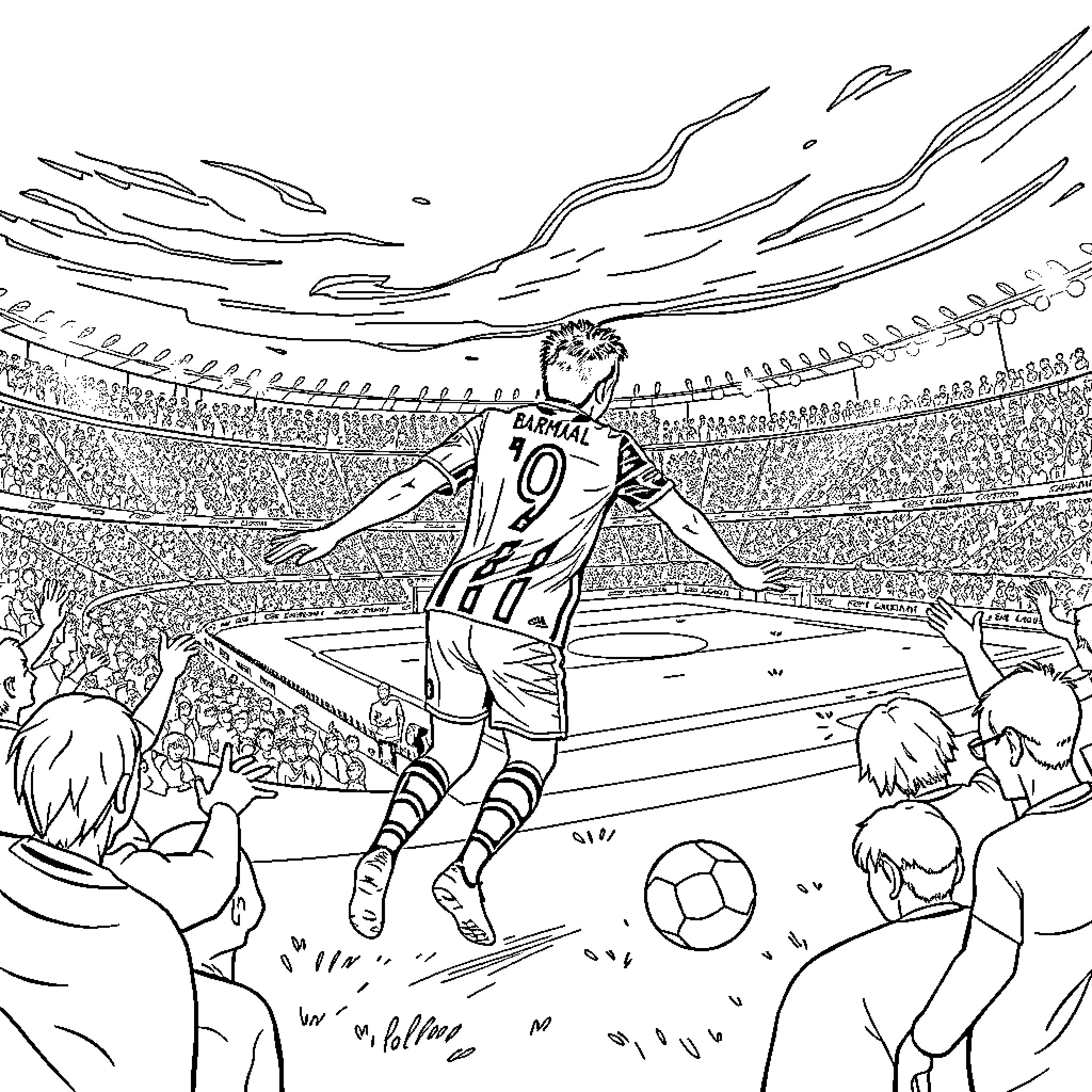Lamine Yamal playing football in the stadium Coloring Page (free black-and-white line drawing printable PDF for all, from beginners to advanced learners, including children, teens, adults, and seniors)