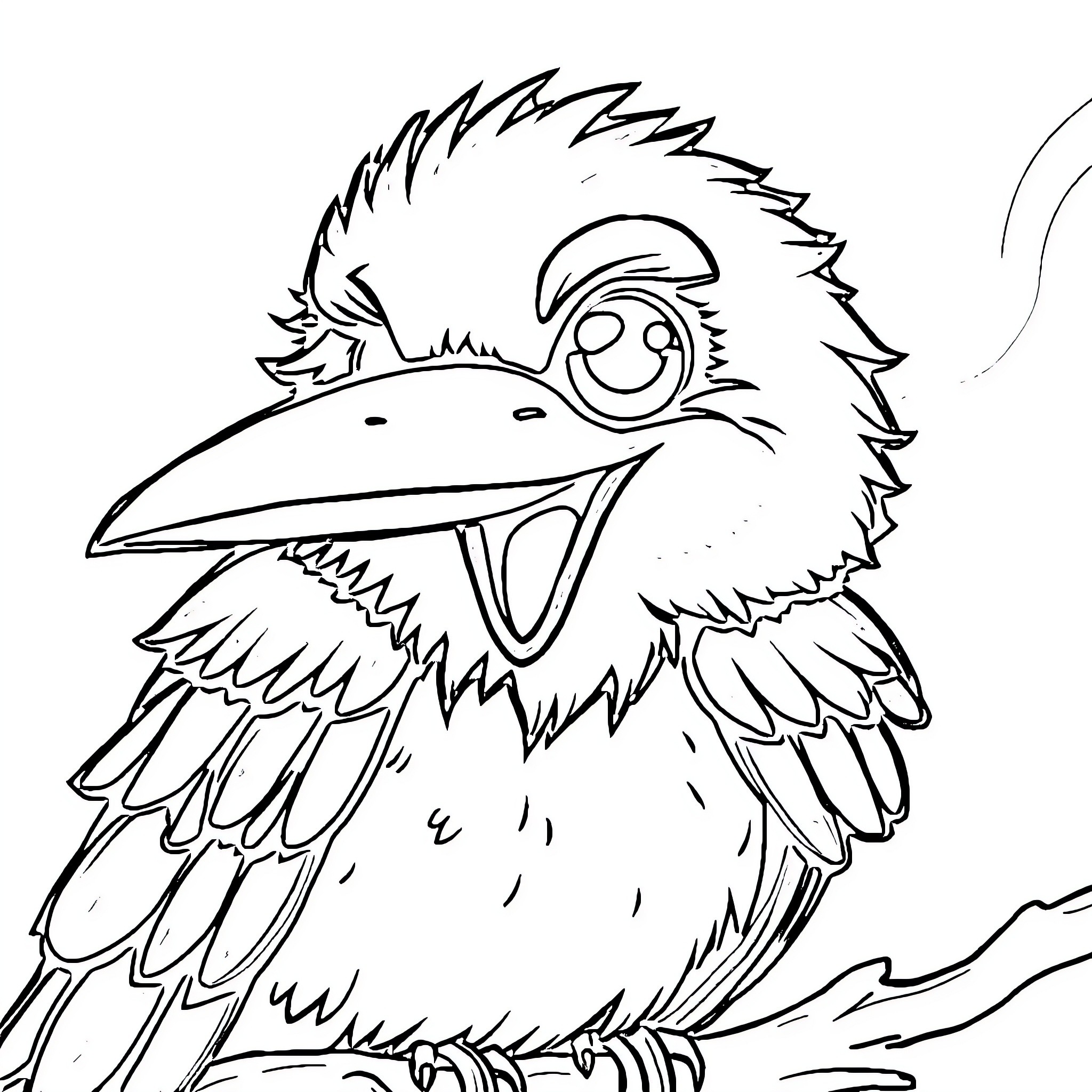 Raven with Whimsical Expression Coloring Page (free black-and-white line drawing printable PDF for all, from beginners to advanced learners, including children, teens, adults, and seniors)