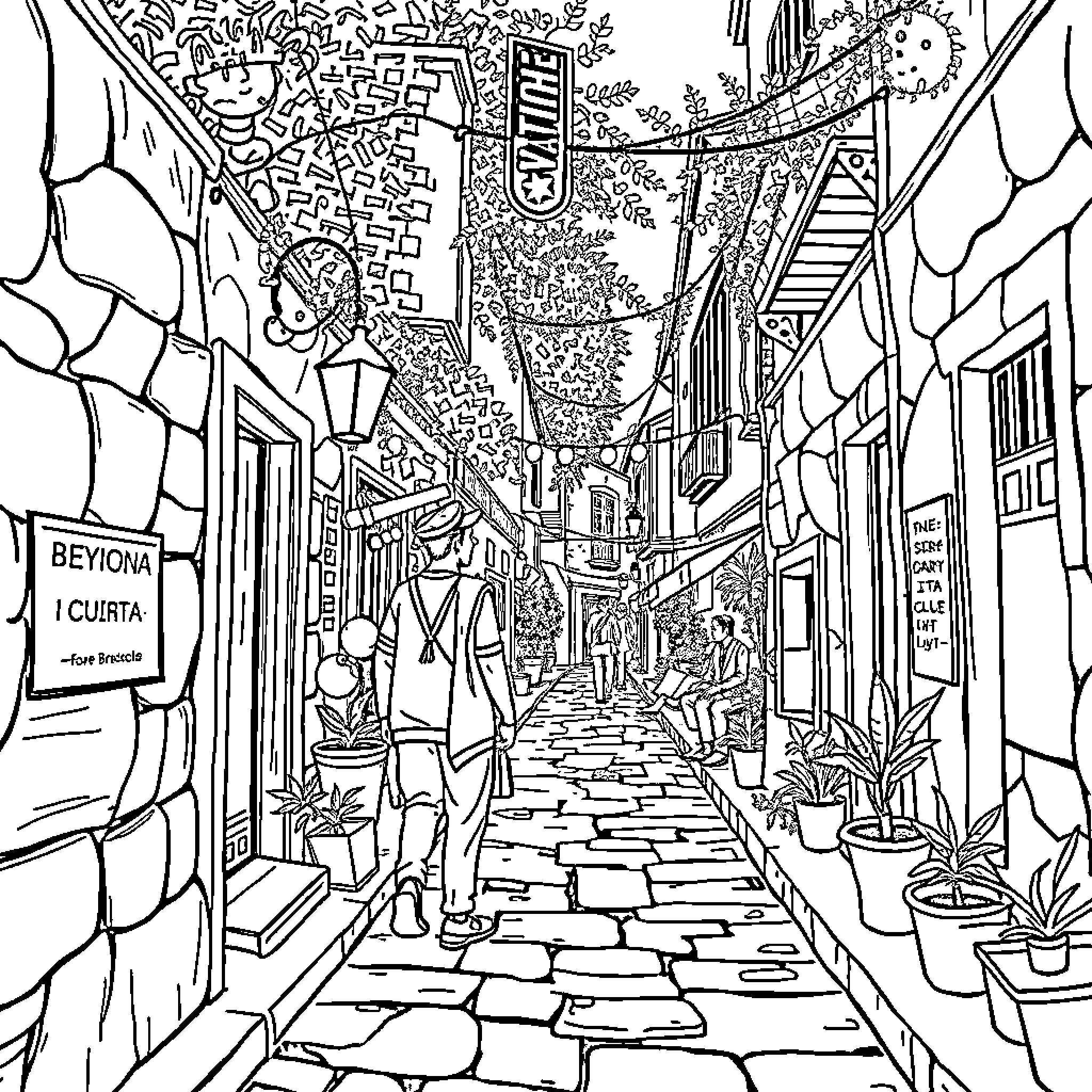 Cuentos of a Bustling Street Scene Coloring Page (free black-and-white line drawing printable PDF for all, from beginners to advanced learners, including children, teens, adults, and seniors)
