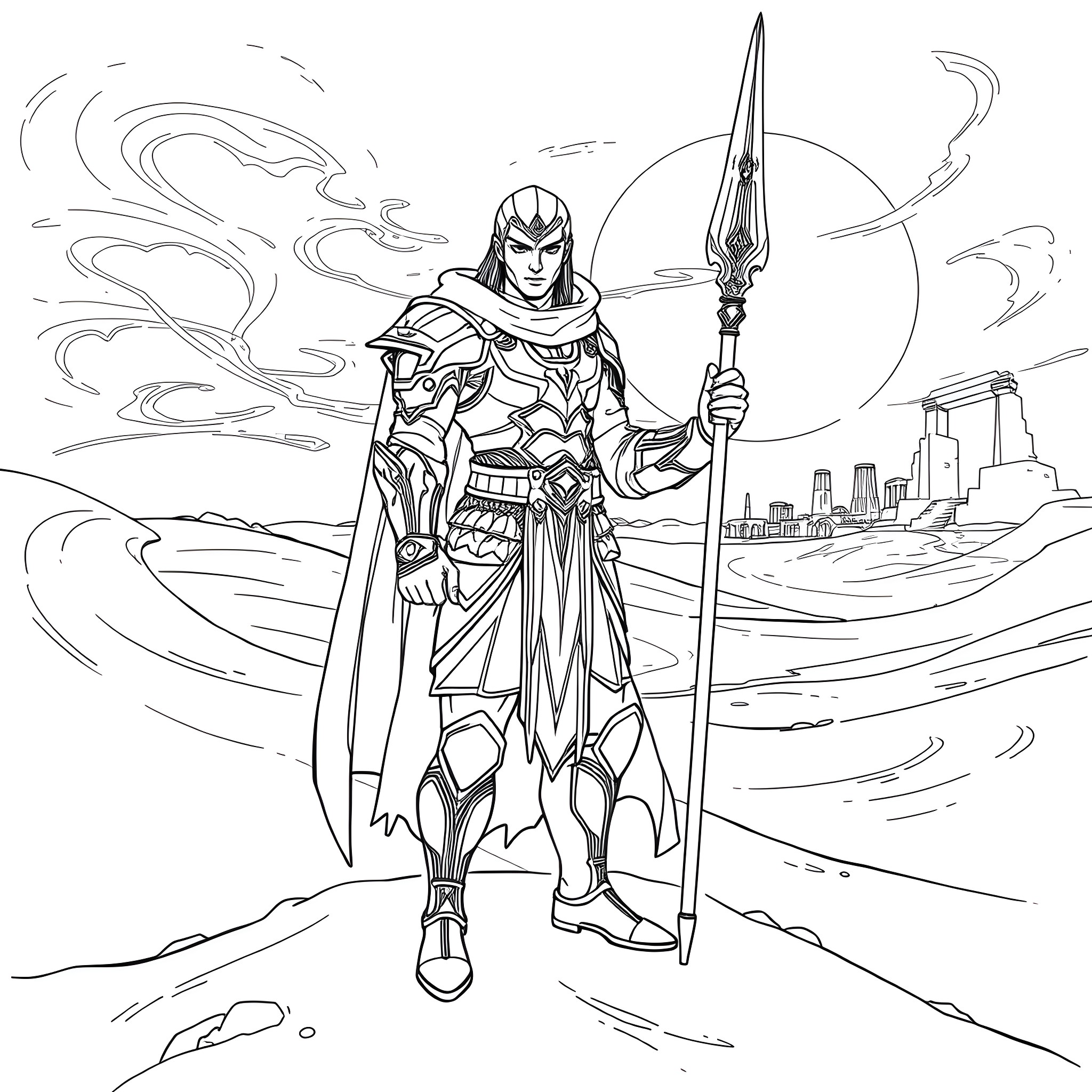 Cyno, the Warrior Wielding a Spear in a Fantastical Landscape Coloring Page (free black-and-white line drawing printable PDF for all, from beginners to advanced learners, including children, teens, adults, and seniors)