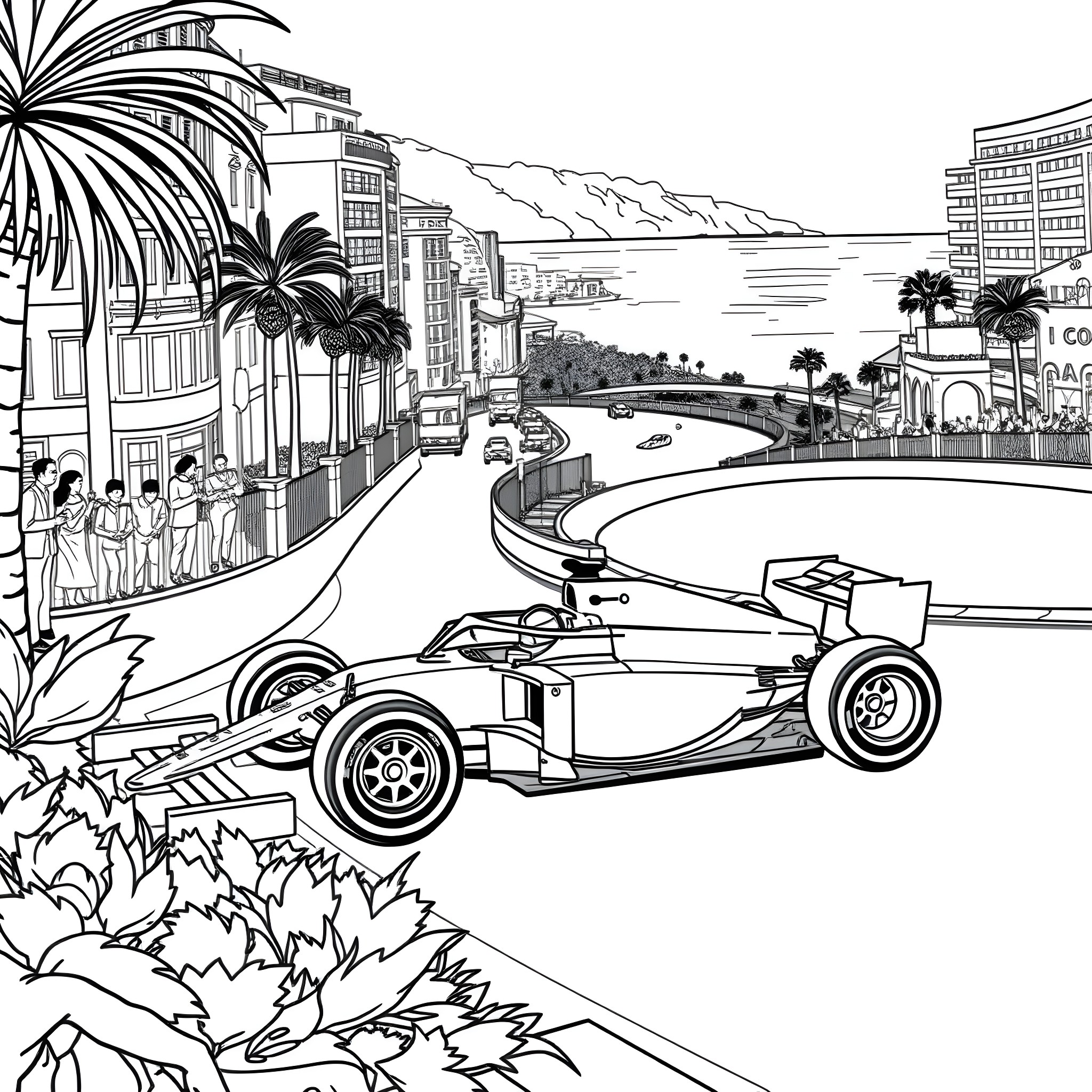 F1 Car on the Street of a Coastal City Coloring Page (free black-and-white line drawing printable PDF for all, from beginners to advanced learners, including children, teens, adults, and seniors)