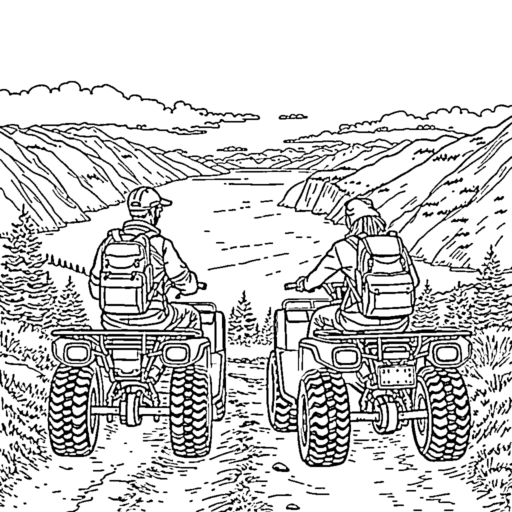 Man and Woman Riding All-Terrain Vehicles in Nature Coloring Page (free black-and-white line drawing printable PDF for all, from beginners to advanced learners, including children, teens, adults, and seniors)
