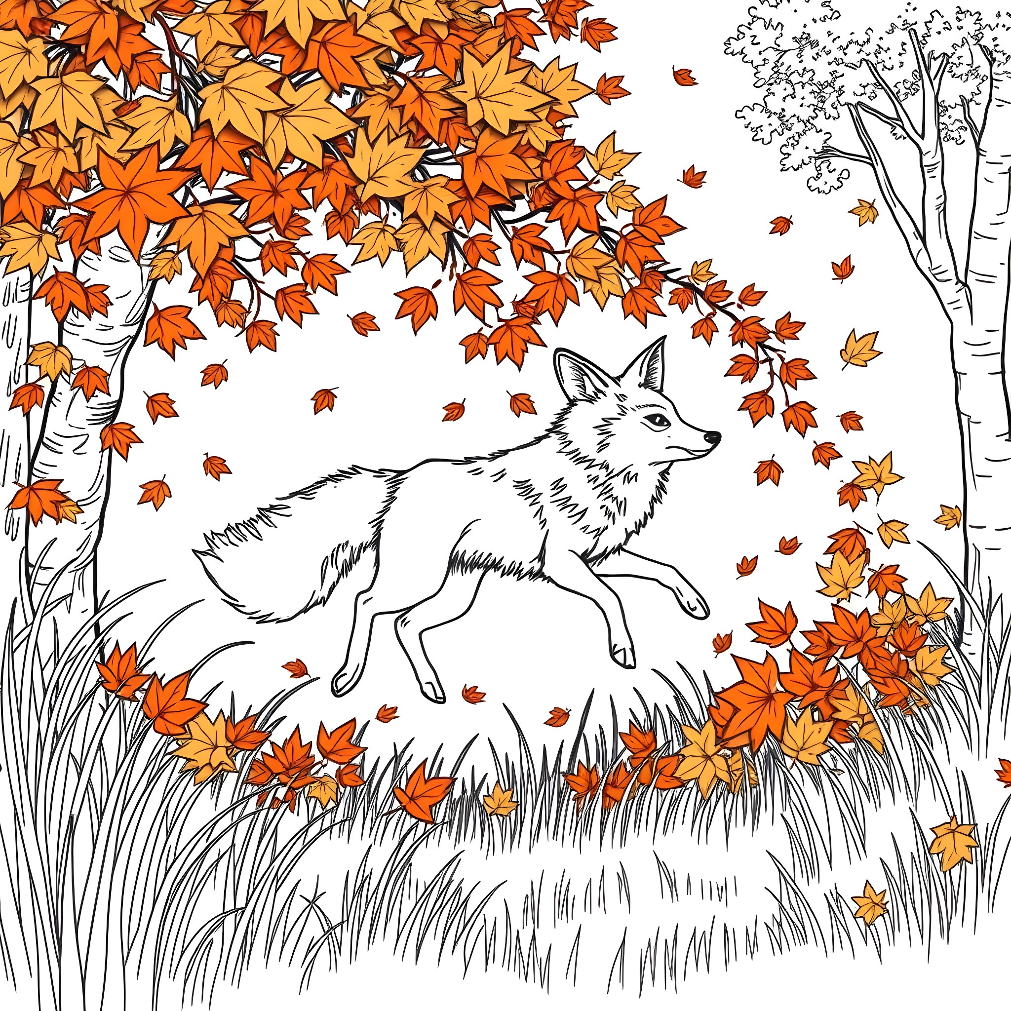 Coyote running through an autumn forest Coloring Page (free black-and-white line drawing printable PDF for all, from beginners to advanced learners, including children, teens, adults, and seniors)