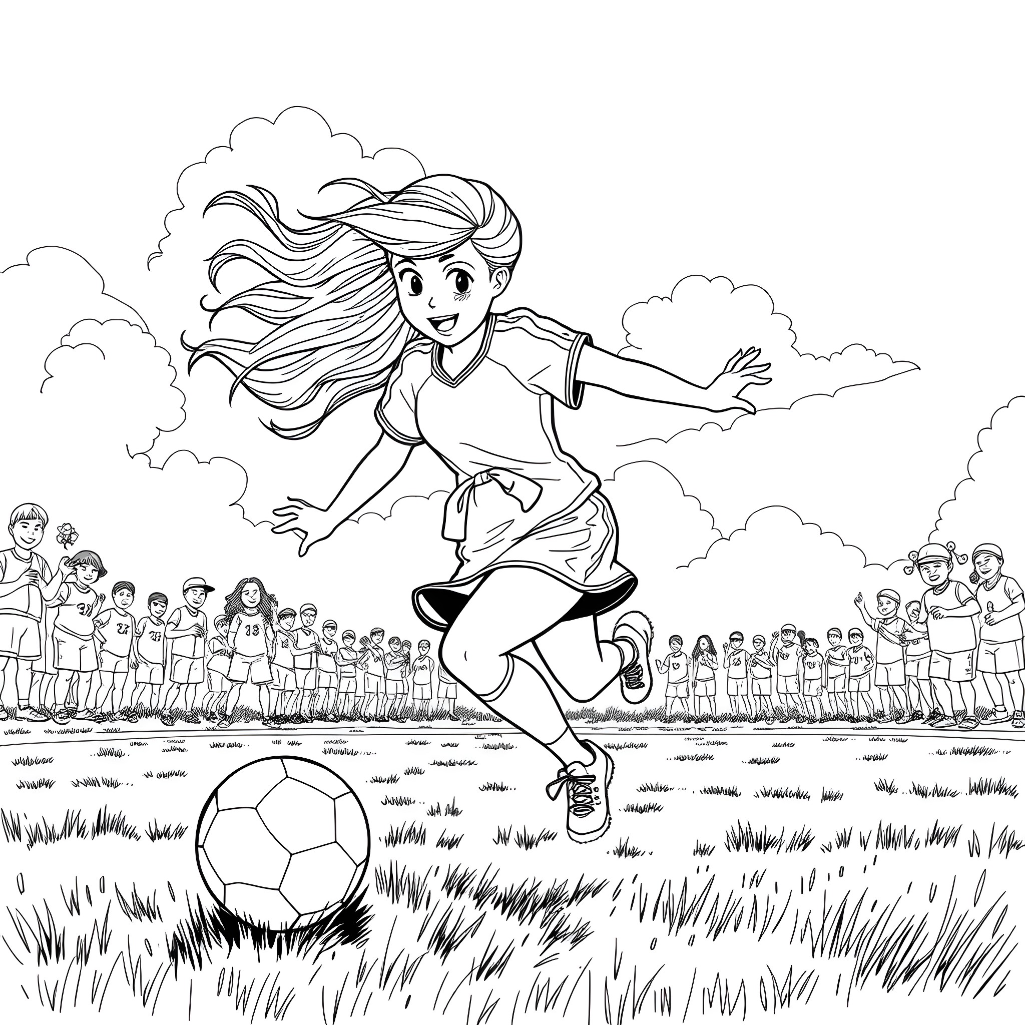 Girl playing soccer happily with peers on the field Coloring Page (free black-and-white line drawing printable PDF for all, from beginners to advanced learners, including children, teens, adults, and seniors)