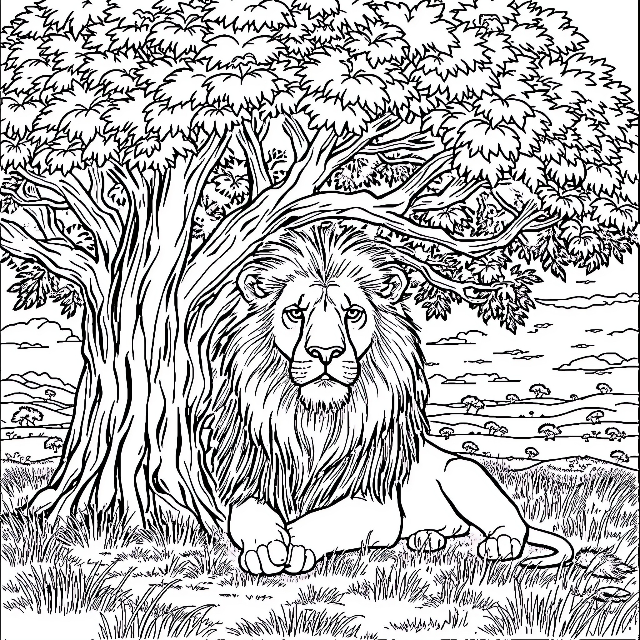Lion resting in the lush forest Coloring Page (free black-and-white line drawing printable PDF for all, from beginners to advanced learners, including children, teens, adults, and seniors)
