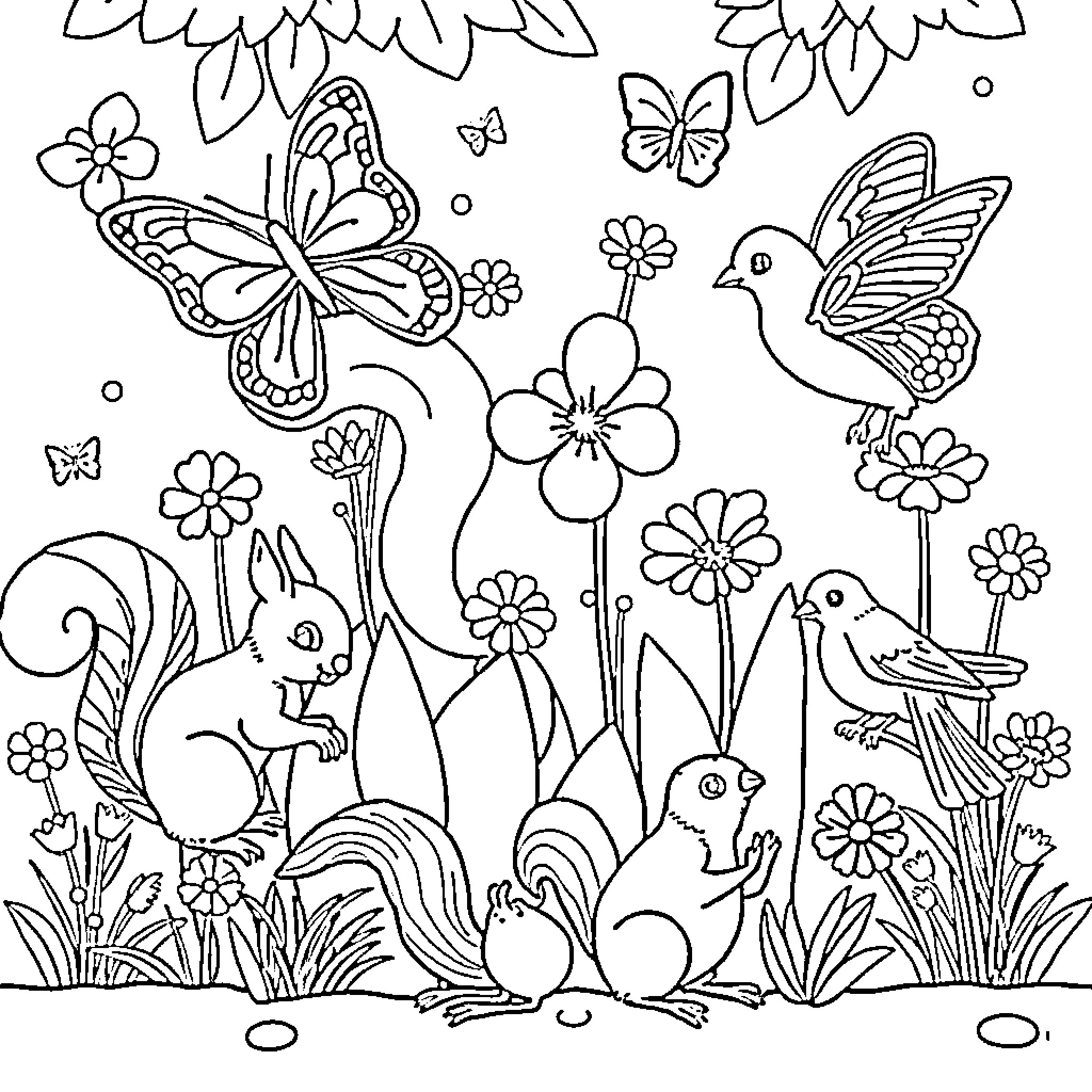 Animal nature scene with butterflies and birds Coloring Page (free black-and-white line drawing printable PDF for all, from beginners to advanced learners, including children, teens, adults, and seniors)
