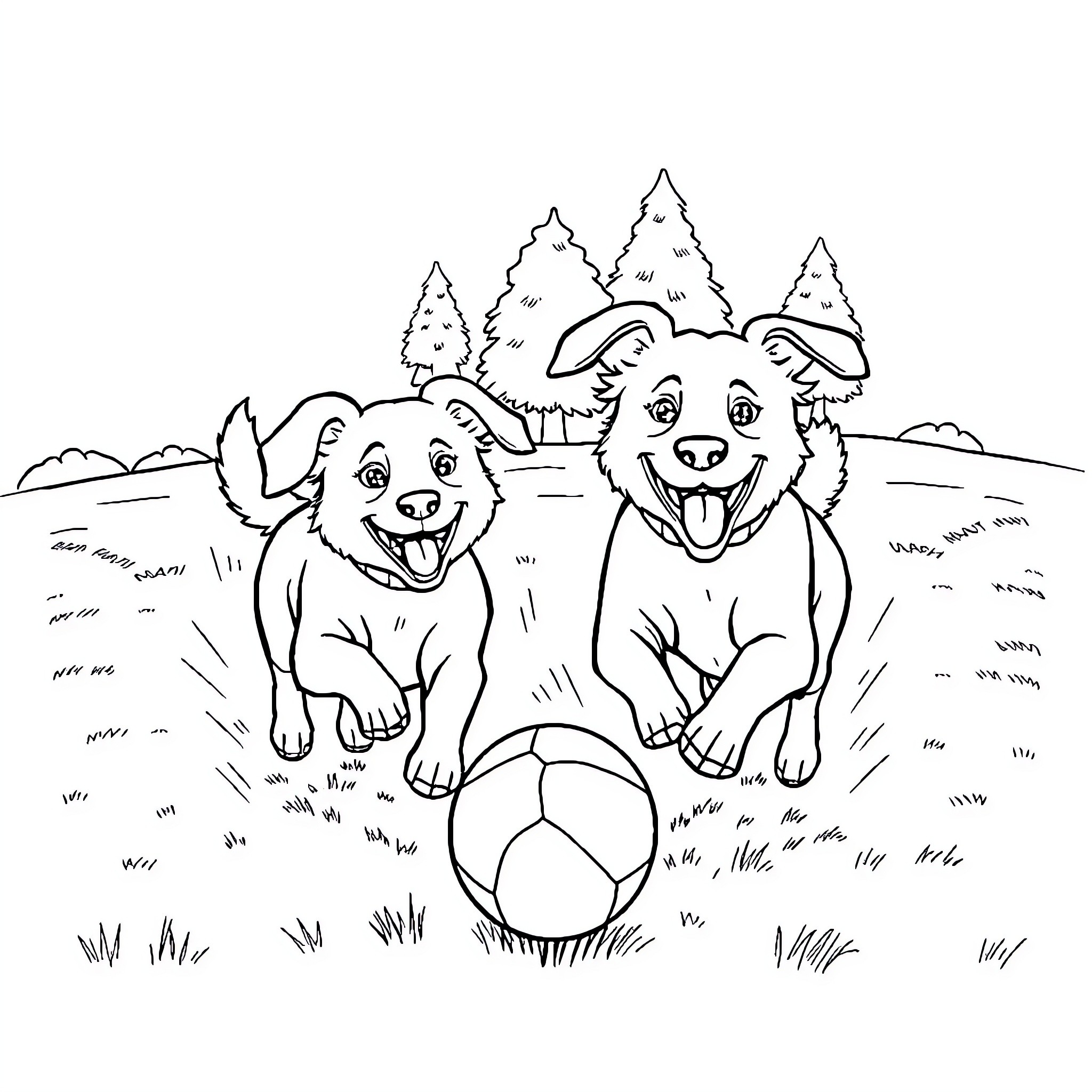 Dog playing with ball in the park Coloring Page (free black-and-white line drawing printable PDF for all, from beginners to advanced learners, including children, teens, adults, and seniors)