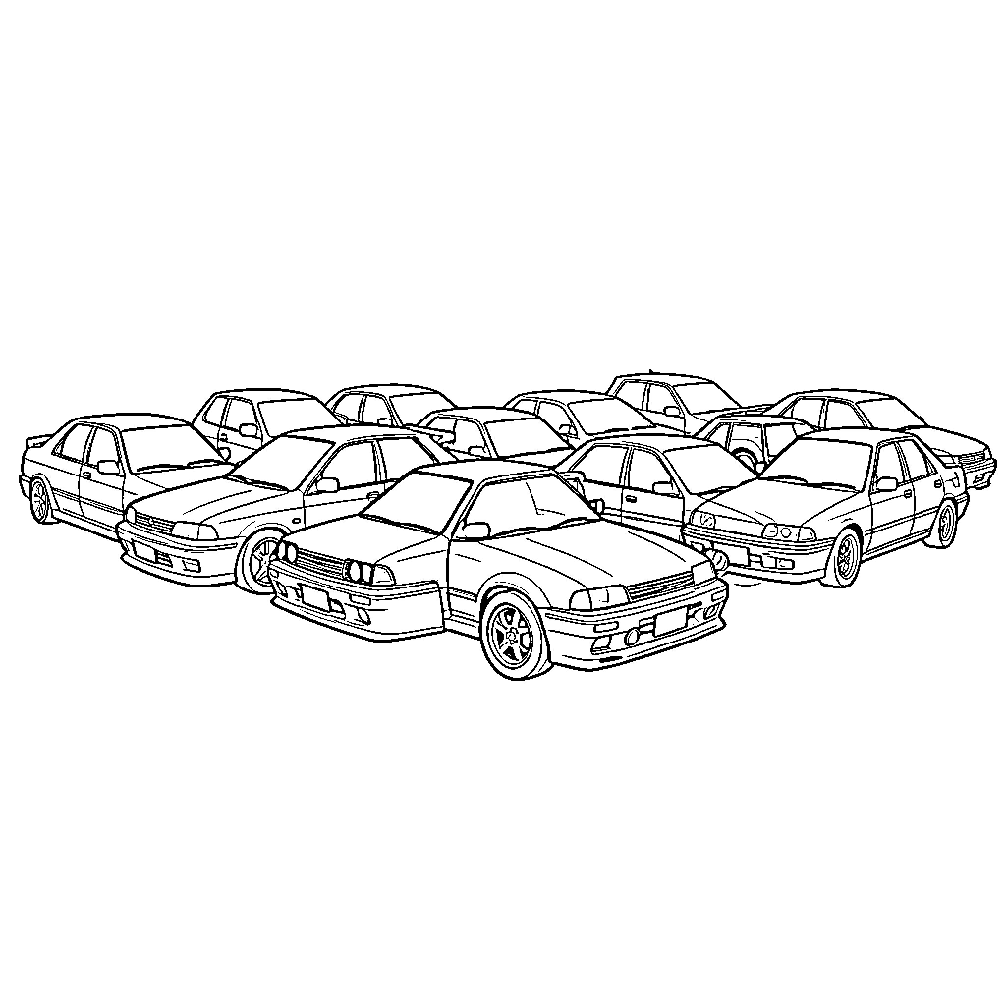 JDM Car collection parked closely in a group Coloring Page (free black-and-white line drawing printable PDF for all, from beginners to advanced learners, including children, teens, adults, and seniors)
