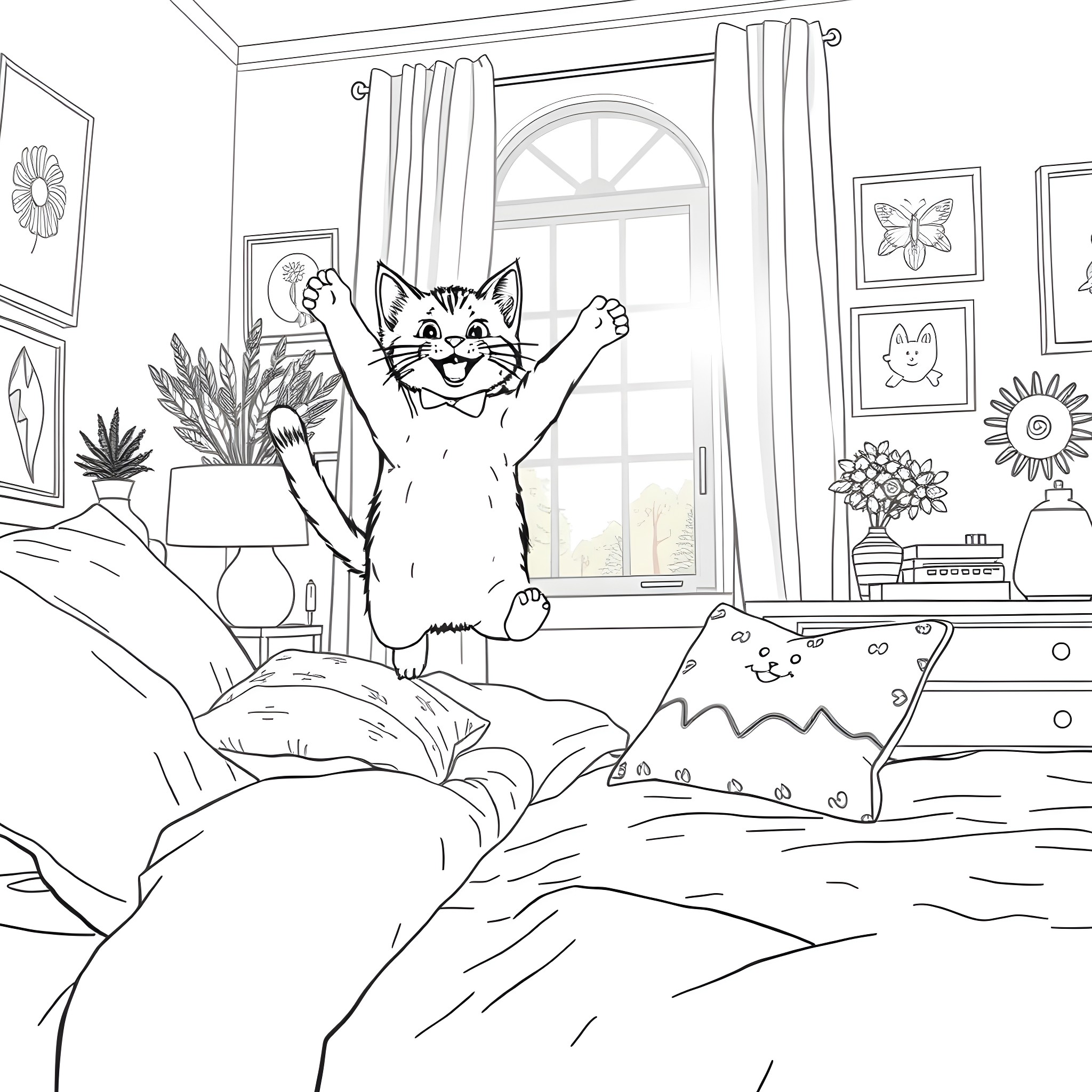 Kitty stretching and playing happily in the bedroom Coloring Page (free black-and-white line drawing printable PDF for all, from beginners to advanced learners, including children, teens, adults, and seniors)