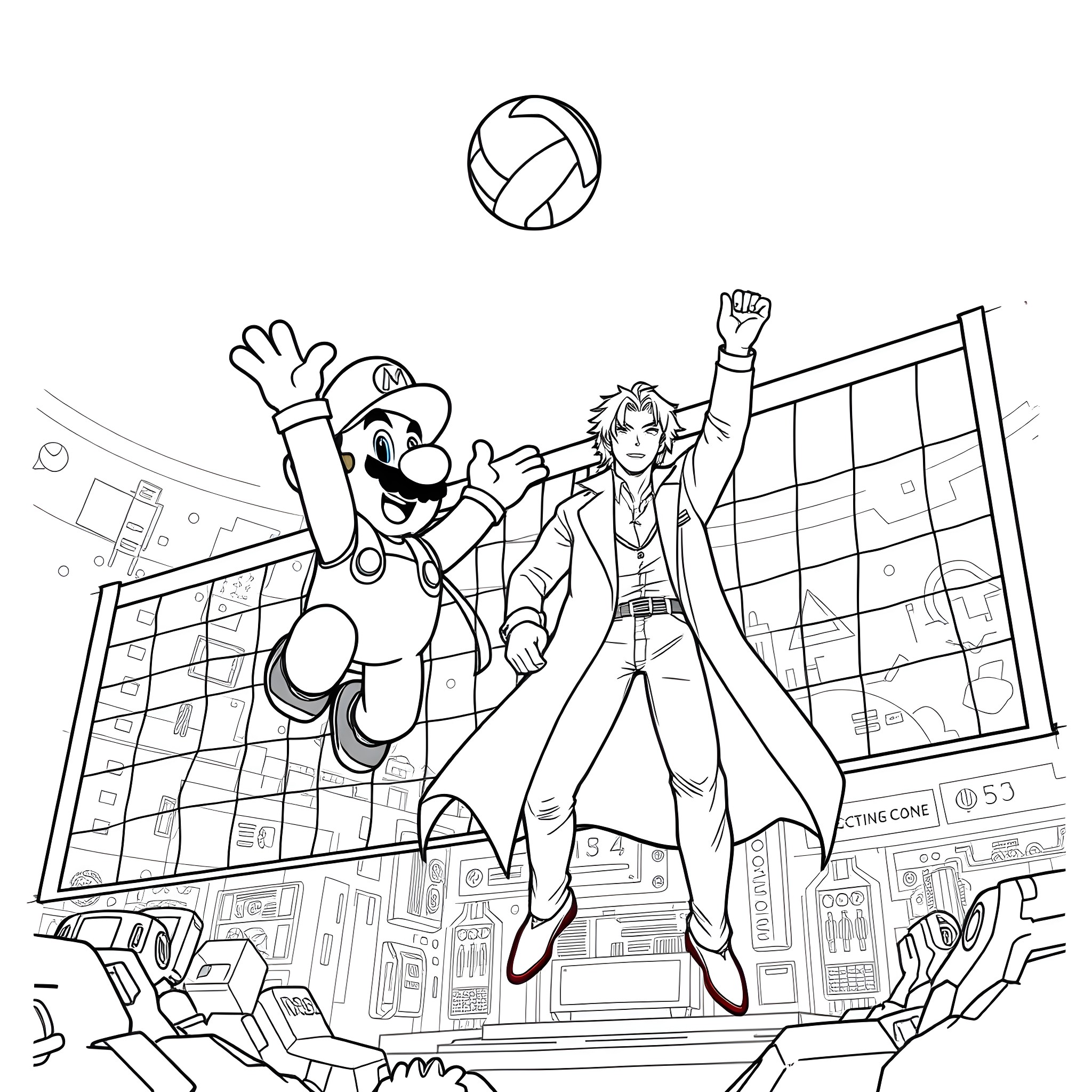 Mario's Energetic Volleyball Game Coloring Page (free black-and-white line drawing printable PDF for all, from beginners to advanced learners, including children, teens, adults, and seniors)
