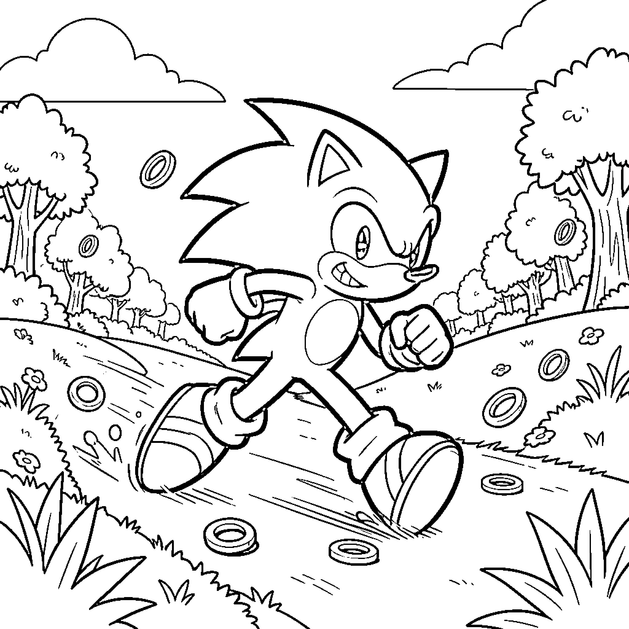 Sonic running energetically through a lush forest landscape Coloring Page (free black-and-white line drawing printable PDF for all, from beginners to advanced learners, including children, teens, adults, and seniors)