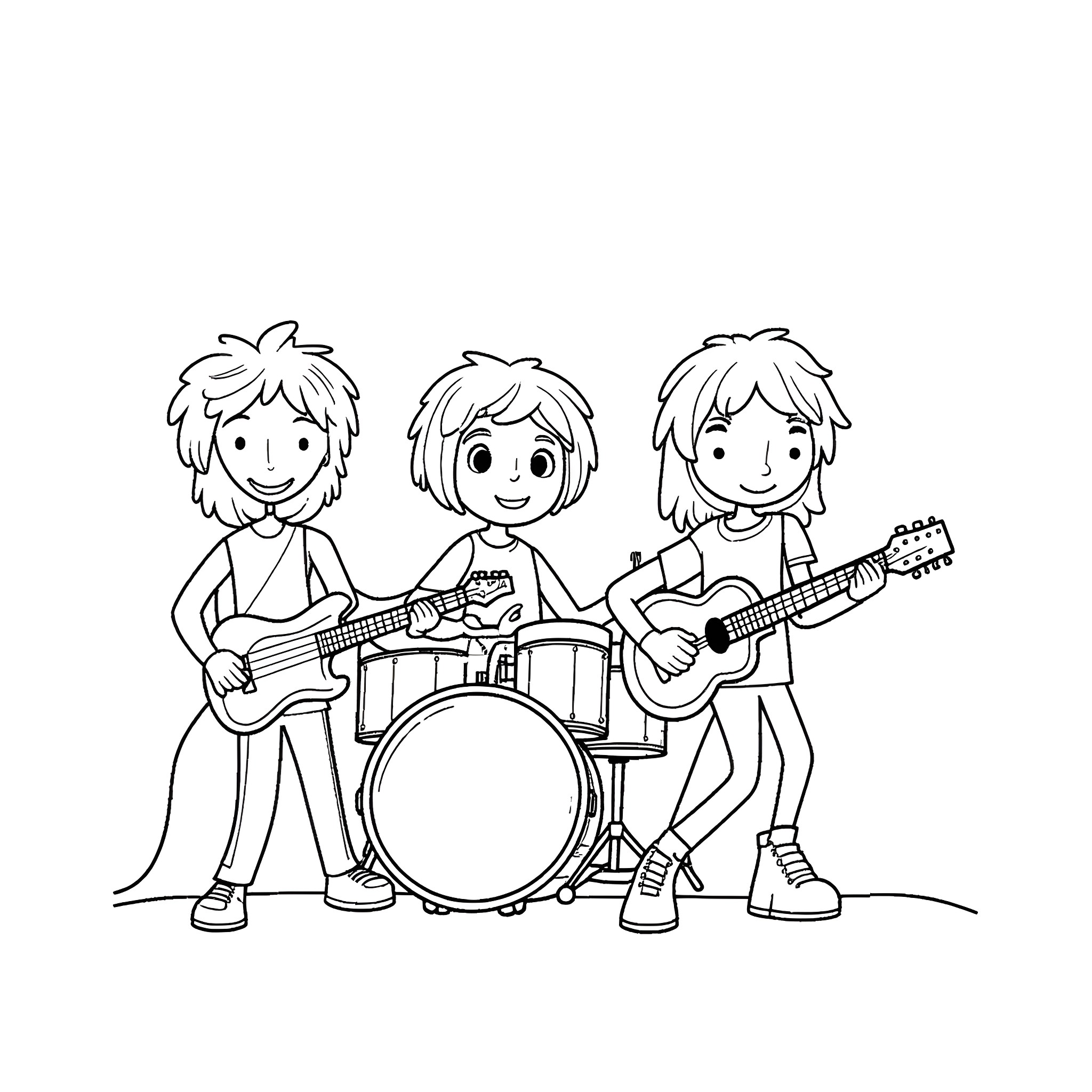 Rock School Kids Playing Musical Instruments Coloring Page (free black-and-white line drawing printable PDF for all, from beginners to advanced learners, including children, teens, adults, and seniors)