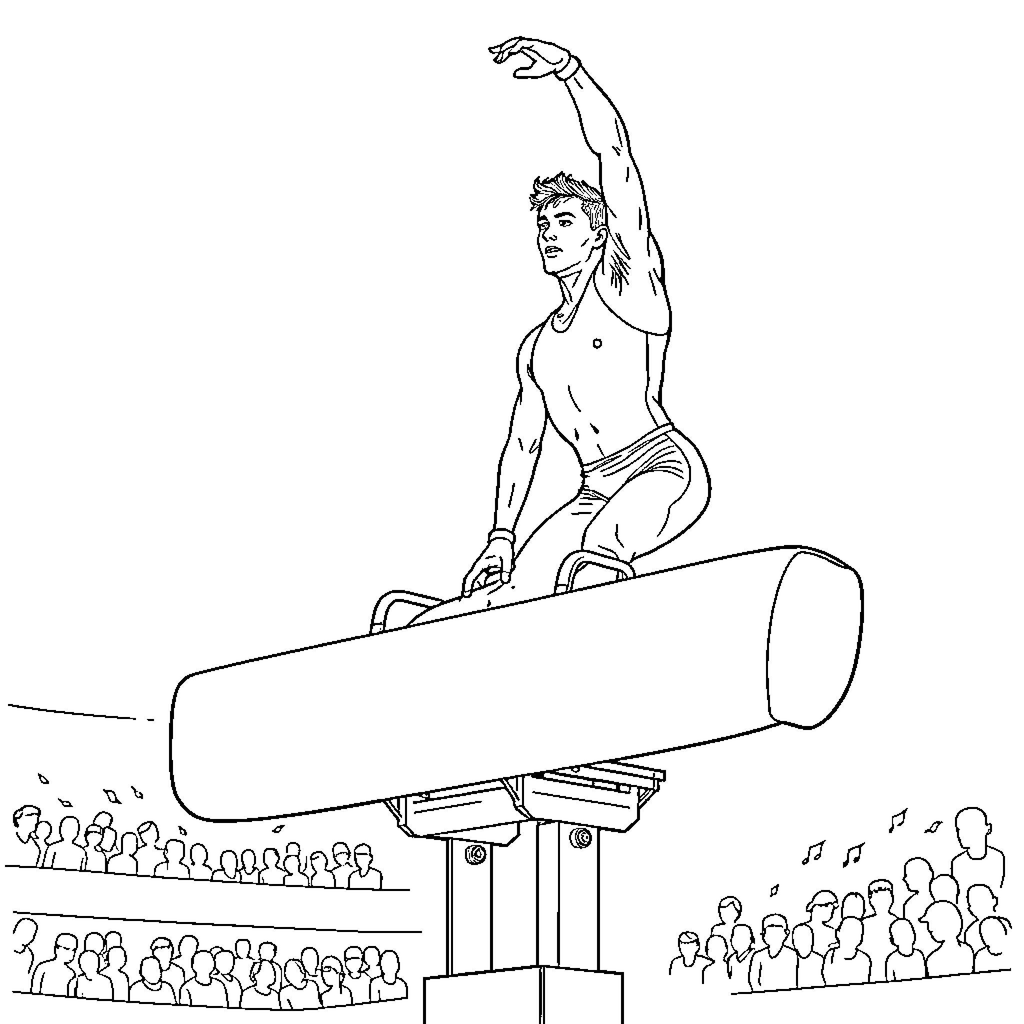 Max Whitlock performing gymnastics routine on balance beam Coloring Page (free black-and-white line drawing printable PDF for all, from beginners to advanced learners, including children, teens, adults, and seniors)