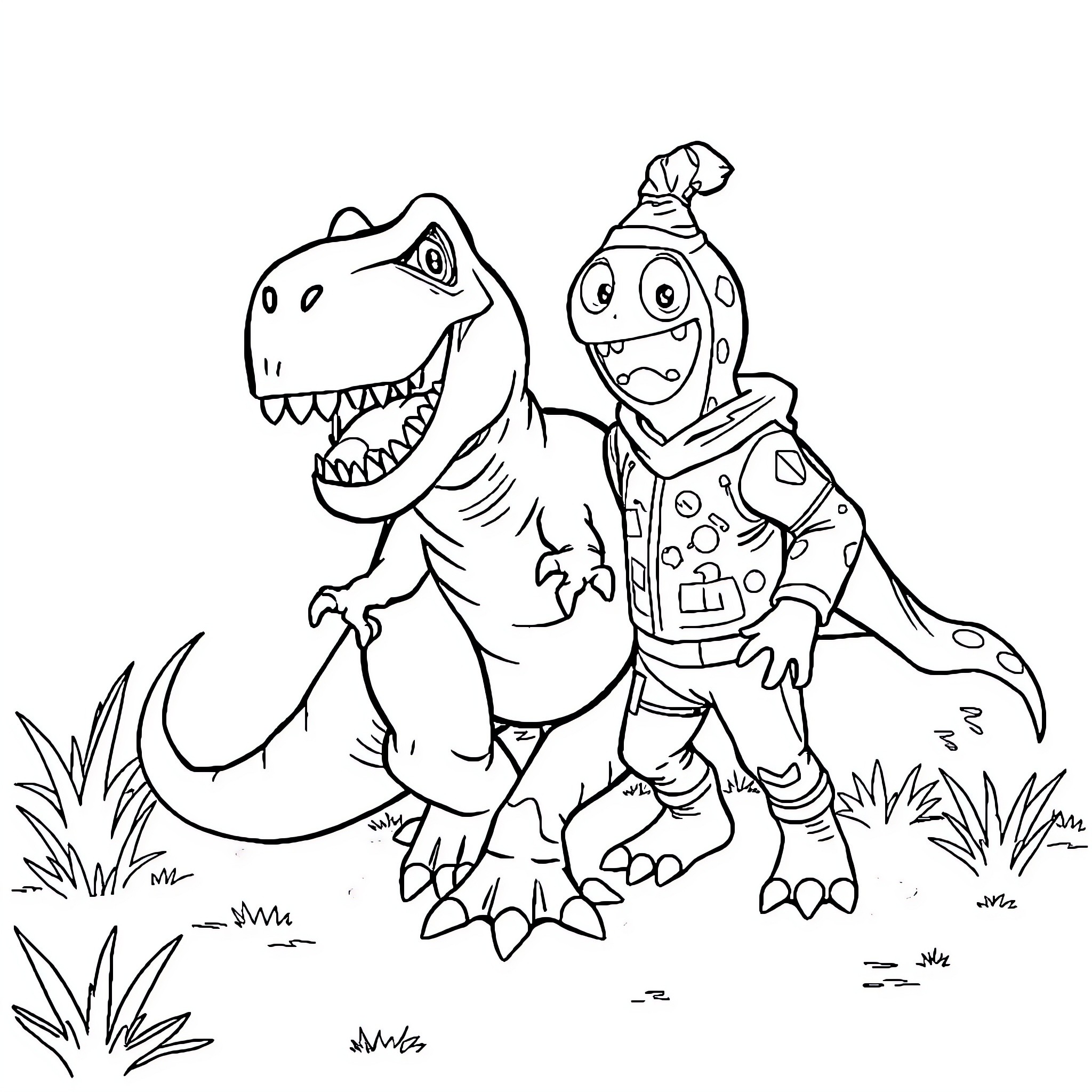 Trex and Alien Creature Exploring Outdoor Scene Coloring Page (free black-and-white line drawing printable PDF for all, from beginners to advanced learners, including children, teens, adults, and seniors)