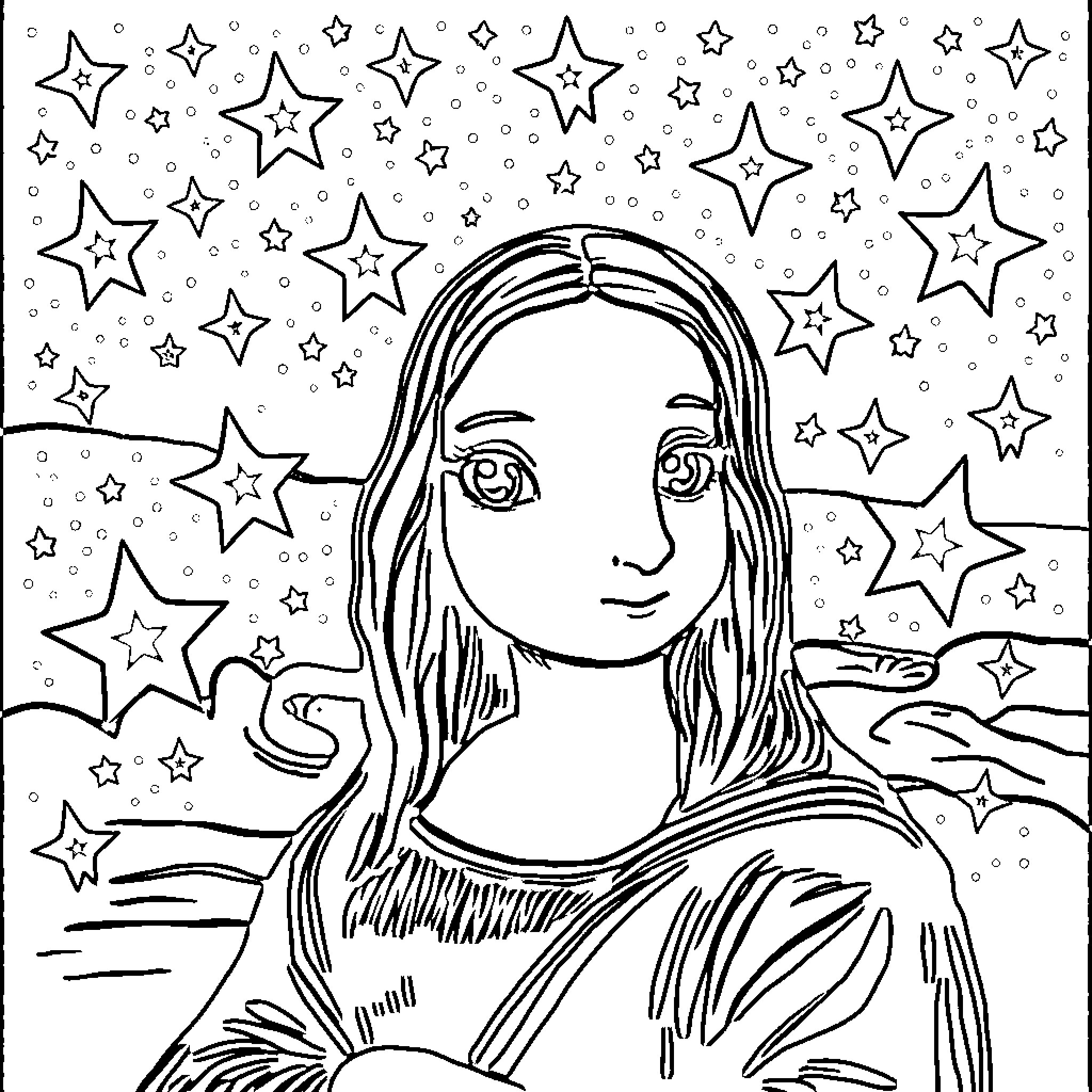 Mona Lisa surrounded by stars and night sky Coloring Page (free black-and-white line drawing printable PDF for all, from beginners to advanced learners, including children, teens, adults, and seniors)