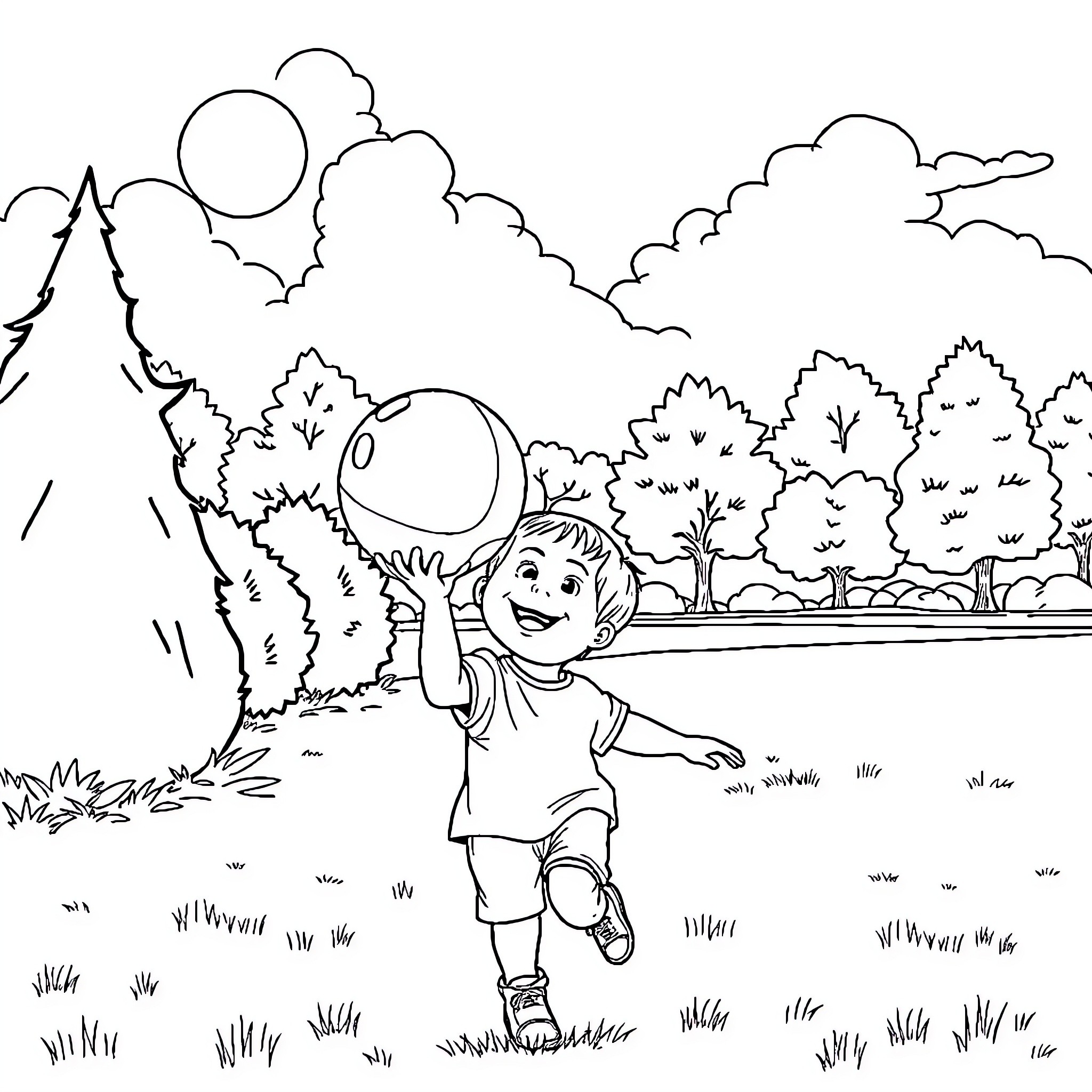 Boy playing happily with a ball in nature Coloring Page (free black-and-white line drawing printable PDF for all, from beginners to advanced learners, including children, teens, adults, and seniors)