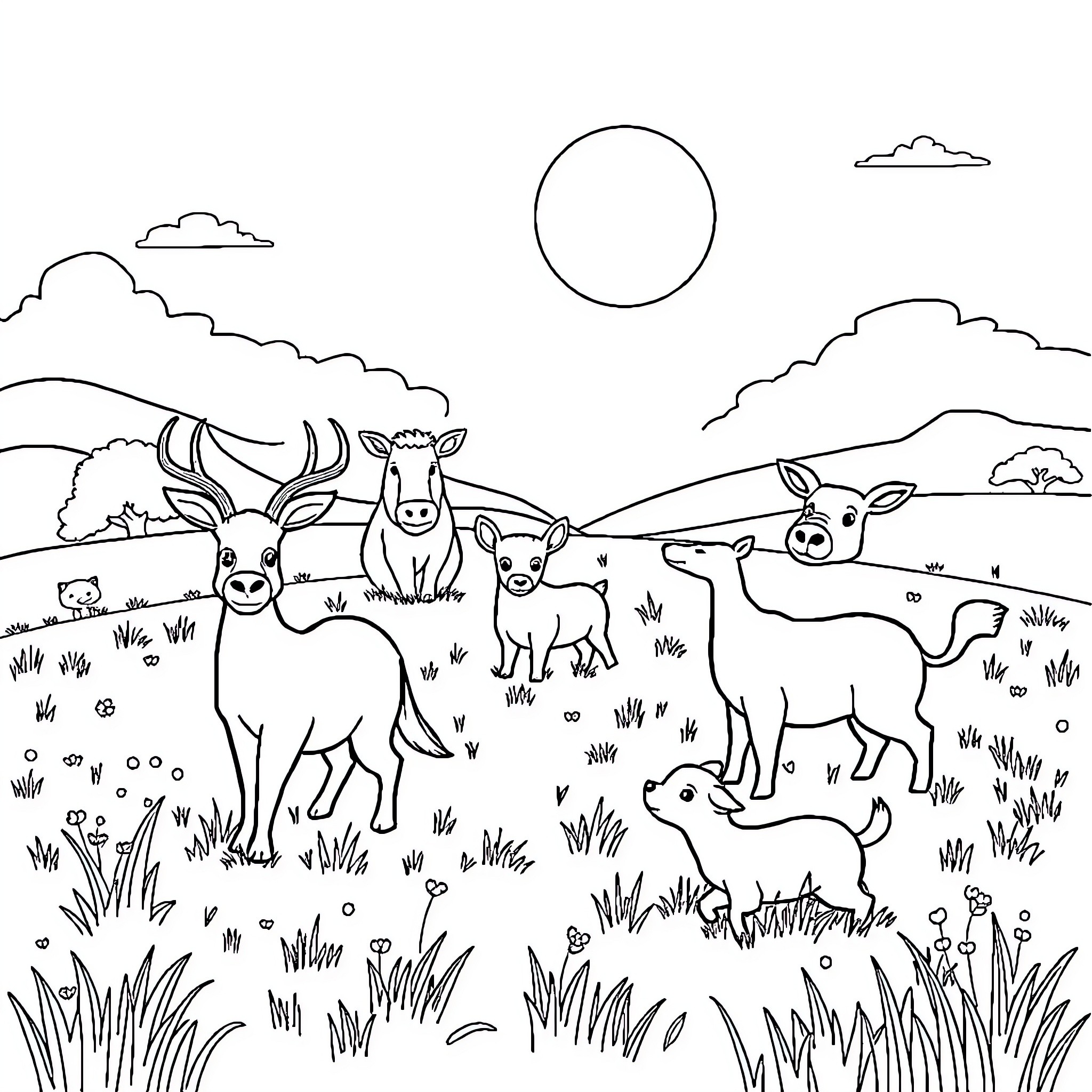 Animals frolicking in a serene meadow Coloring Page (free black-and-white line drawing printable PDF for all, from beginners to advanced learners, including children, teens, adults, and seniors)