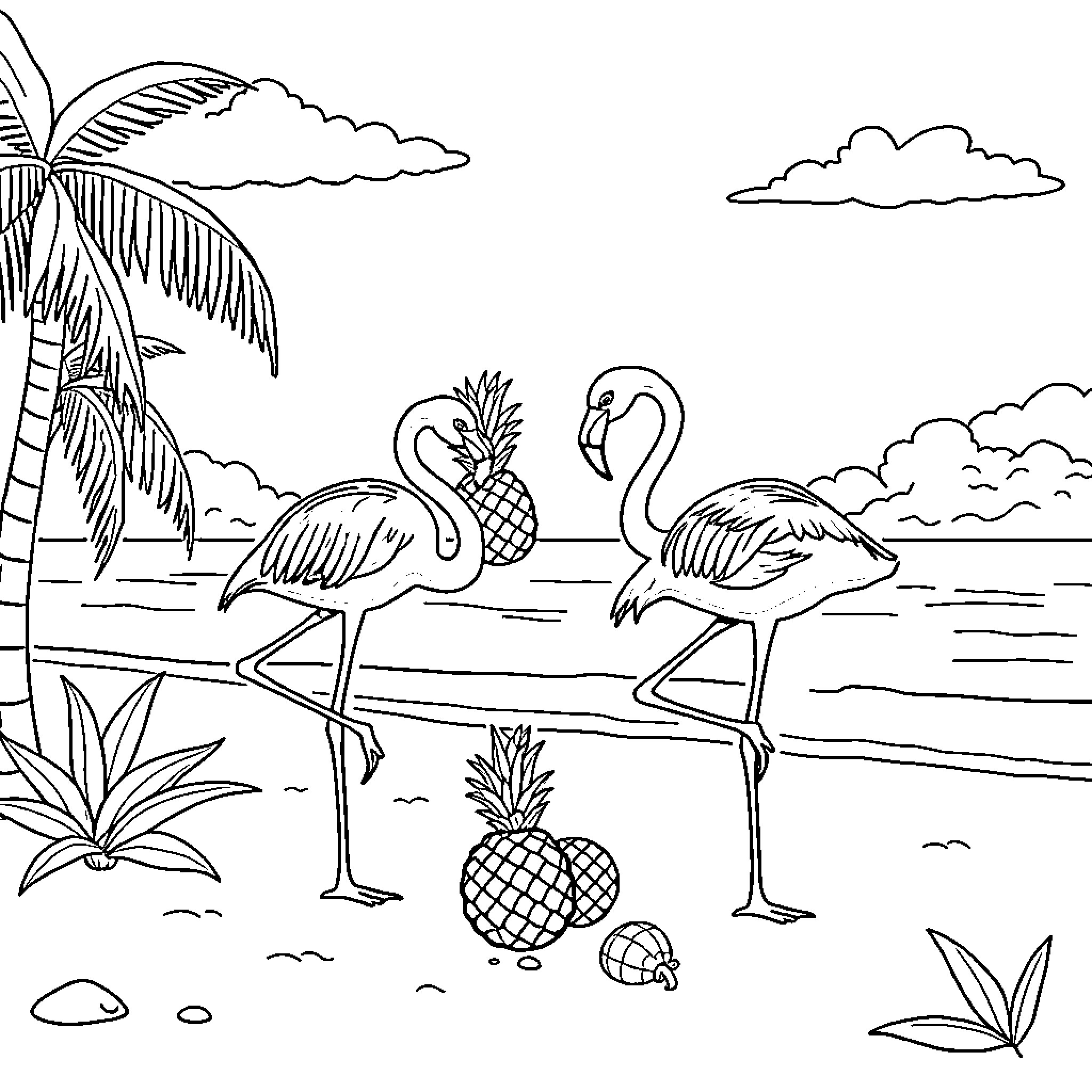 Flamingos strolling on the beach with pineapples Coloring Page (free black-and-white line drawing printable PDF for all, from beginners to advanced learners, including children, teens, adults, and seniors)