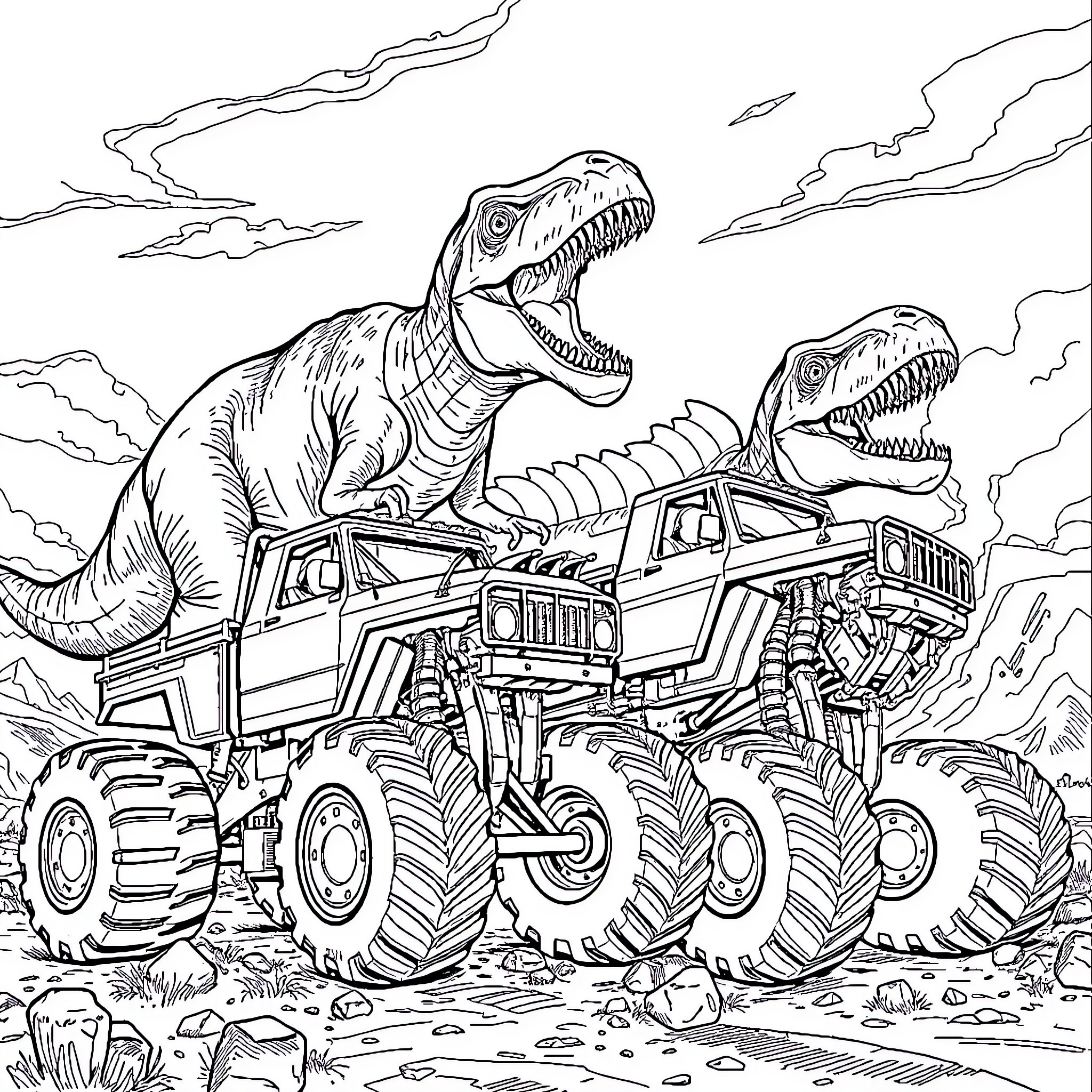 Dinosaurs riding on a monster truck in the wilderness Coloring Page (free black-and-white line drawing printable PDF for all, from beginners to advanced learners, including children, teens, adults, and seniors)
