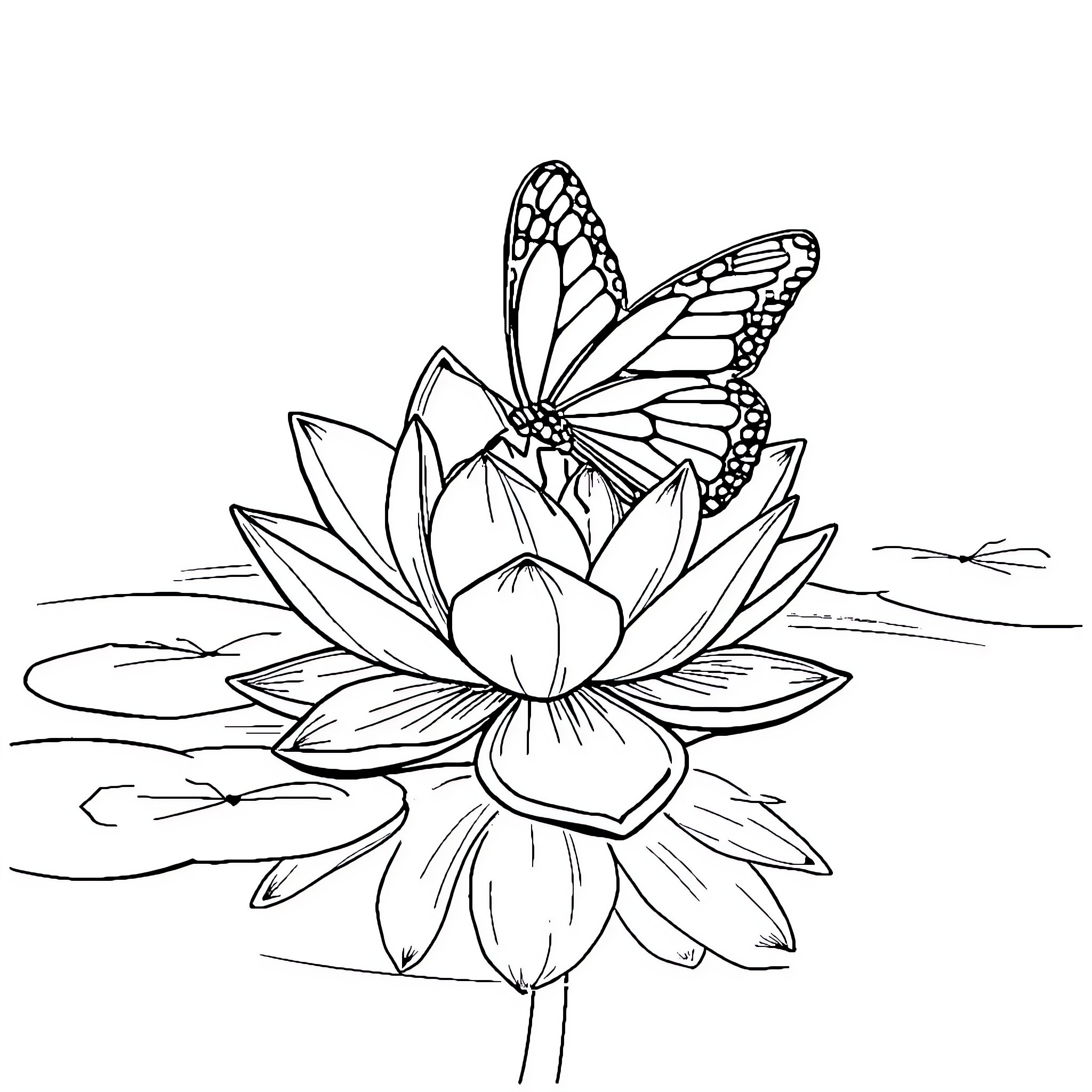 Butterfly resting gracefully on lotus flower Coloring Page (free black-and-white line drawing printable PDF for all, from beginners to advanced learners, including children, teens, adults, and seniors)