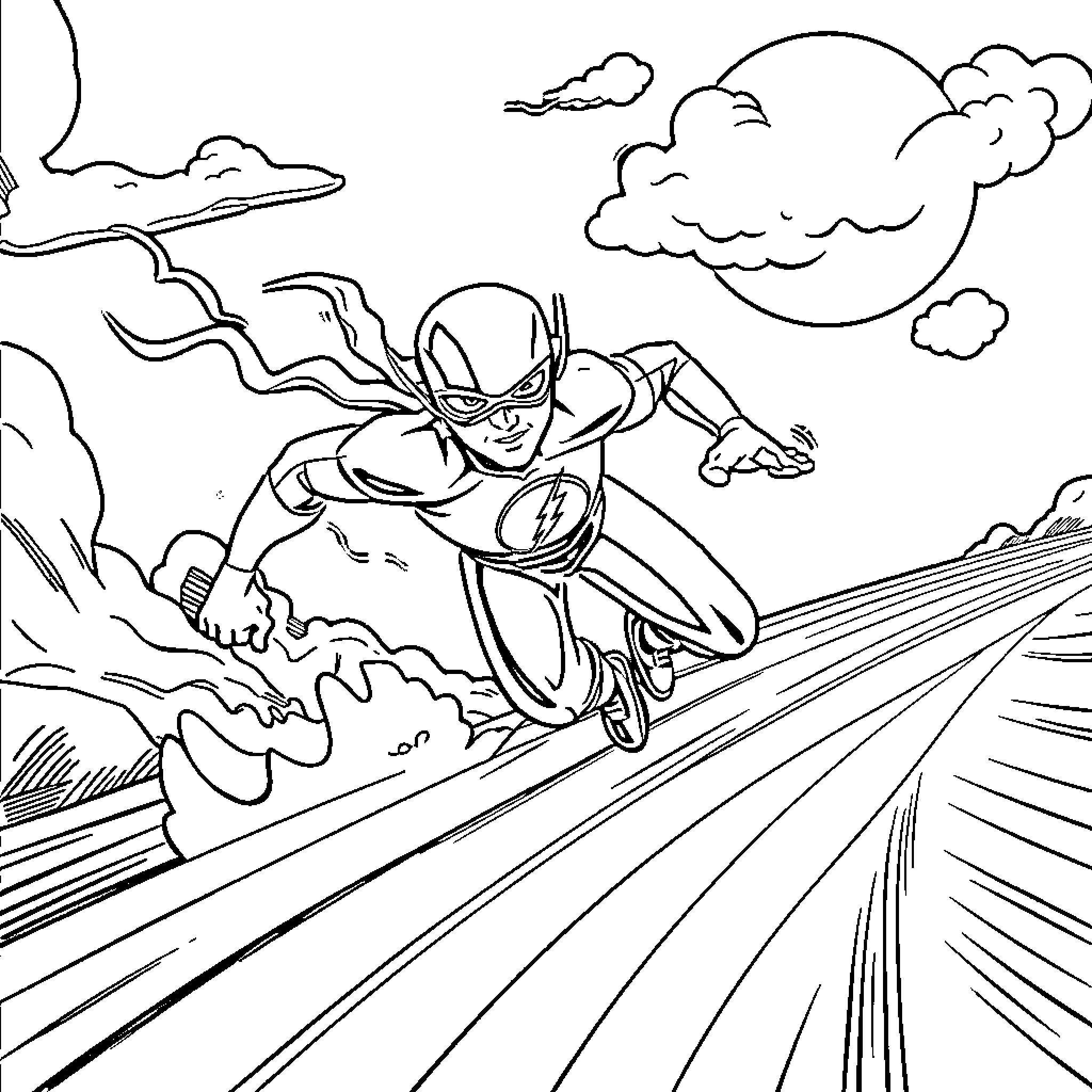 Flash Superhero Soaring Through the Sky Coloring Page (free black-and-white line drawing printable PDF for all, from beginners to advanced learners, including children, teens, adults, and seniors)
