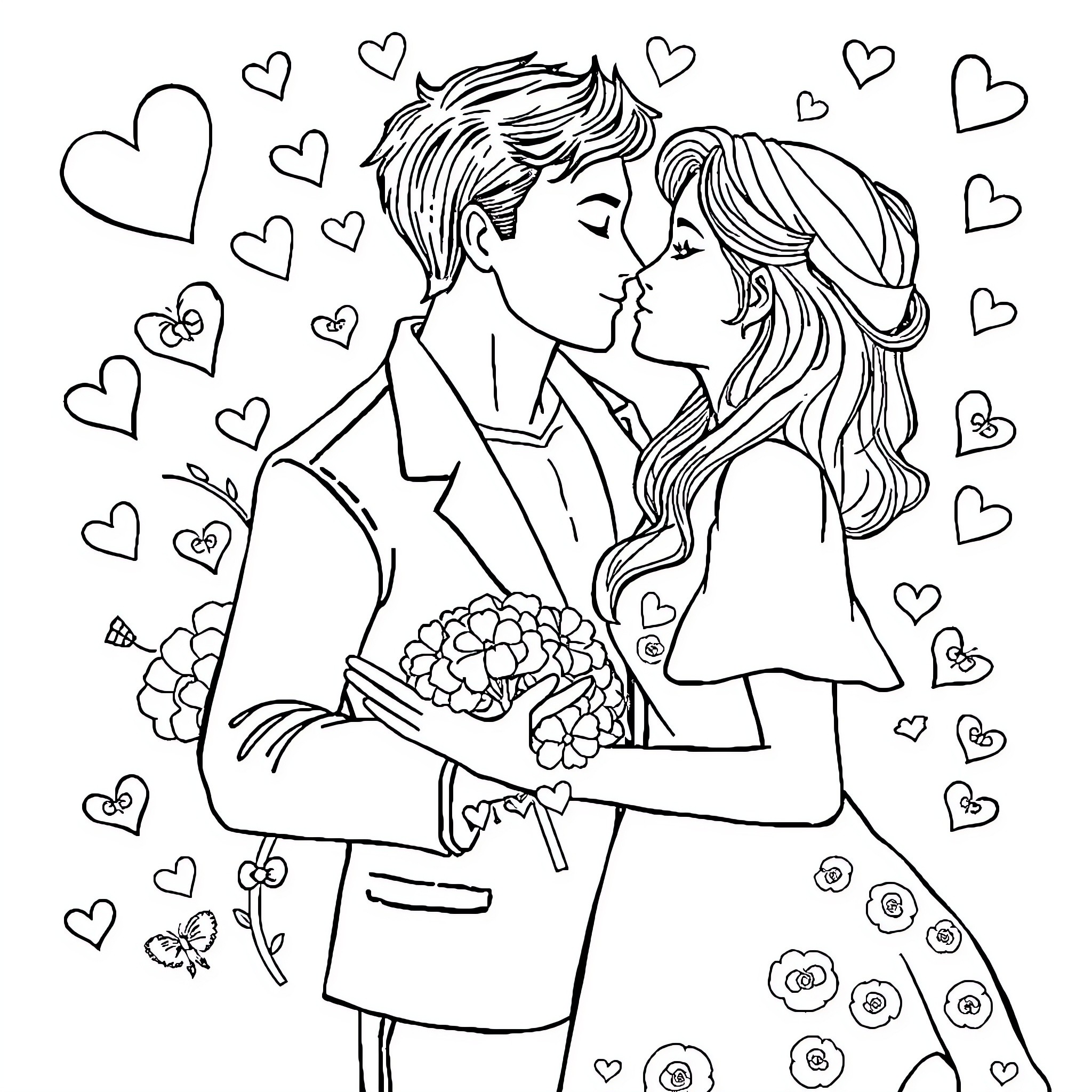 Love Story: Romantic Couple's Tender Embrace Coloring Page (free black-and-white line drawing printable PDF for all, from beginners to advanced learners, including children, teens, adults, and seniors)