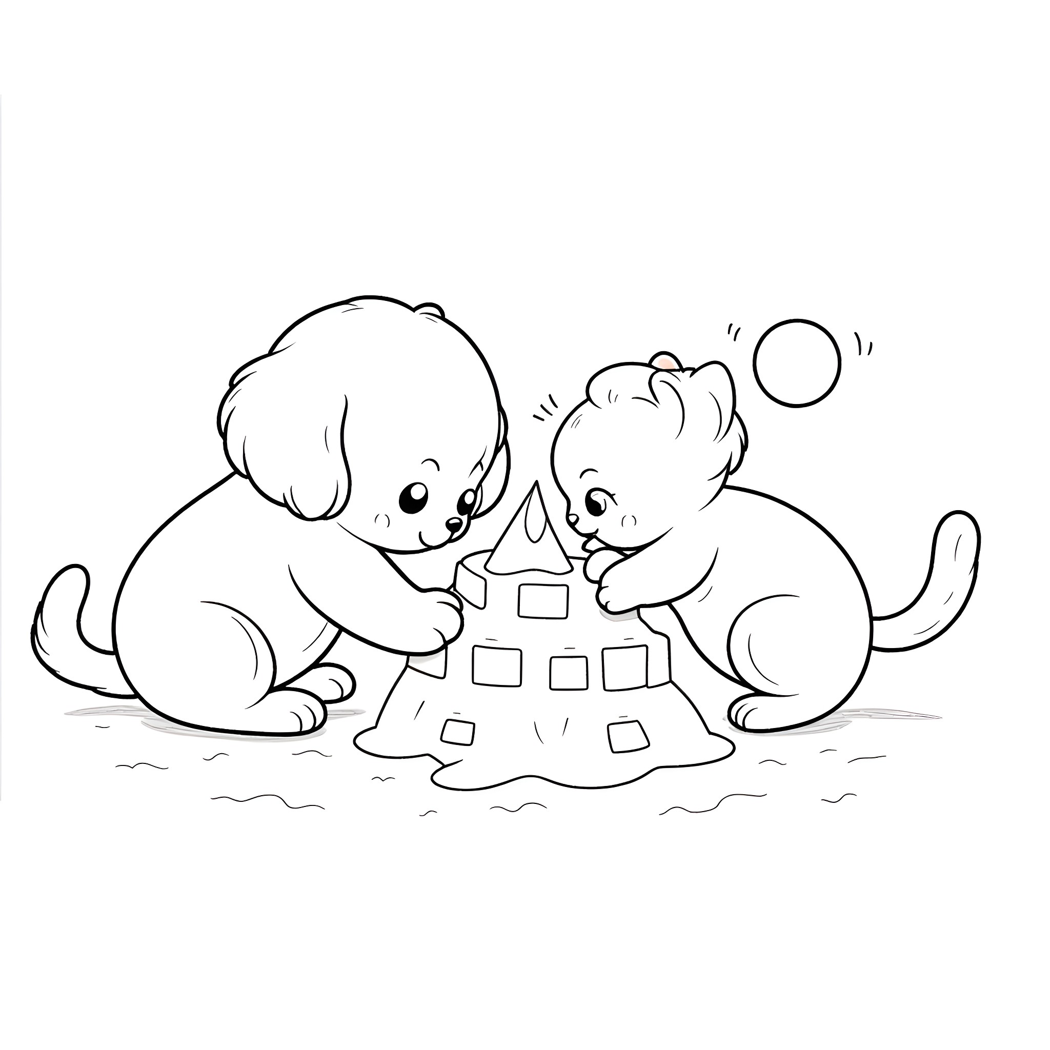 Puppies Playing with Sand Castle Coloring Page (free black-and-white line drawing printable PDF for all, from beginners to advanced learners, including children, teens, adults, and seniors)