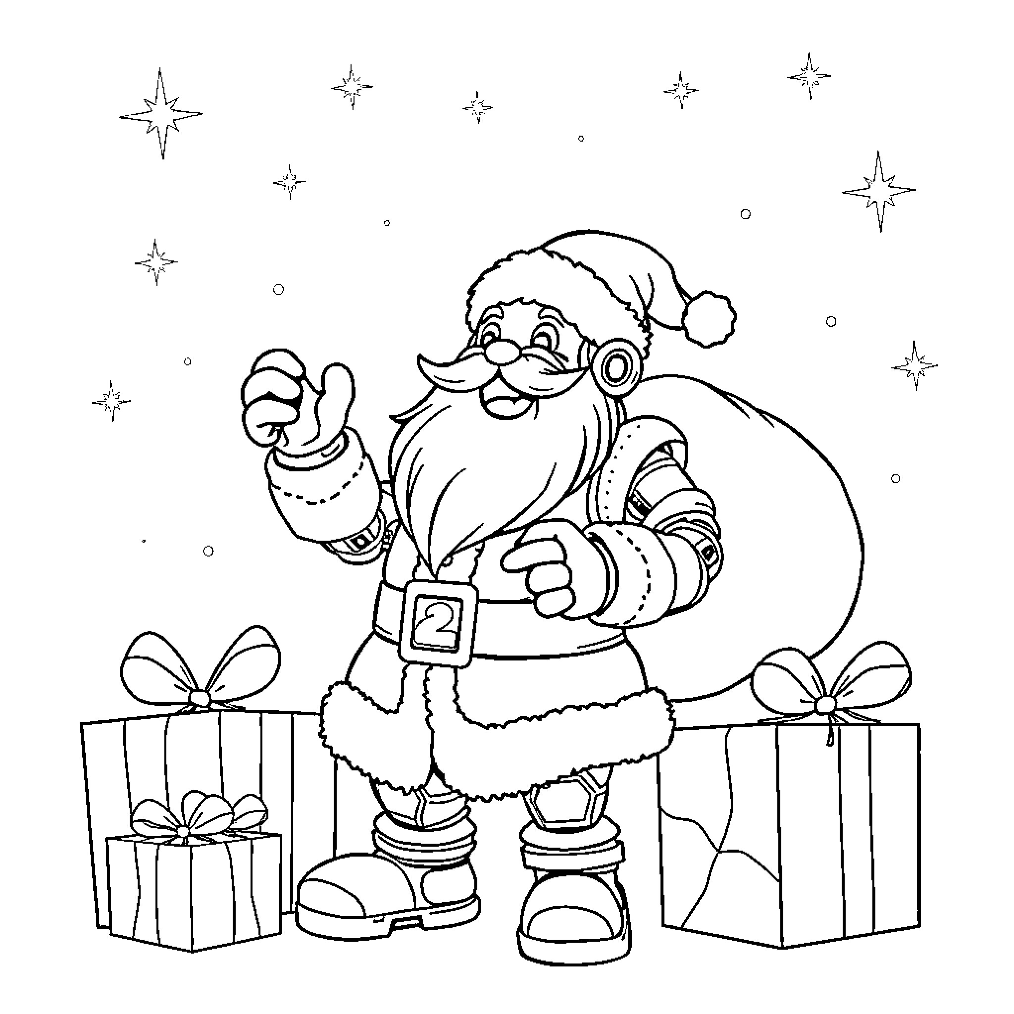 Robot Santa Claus with gifts in winter scene Coloring Page (free black-and-white line drawing printable PDF for all, from beginners to advanced learners, including children, teens, adults, and seniors)