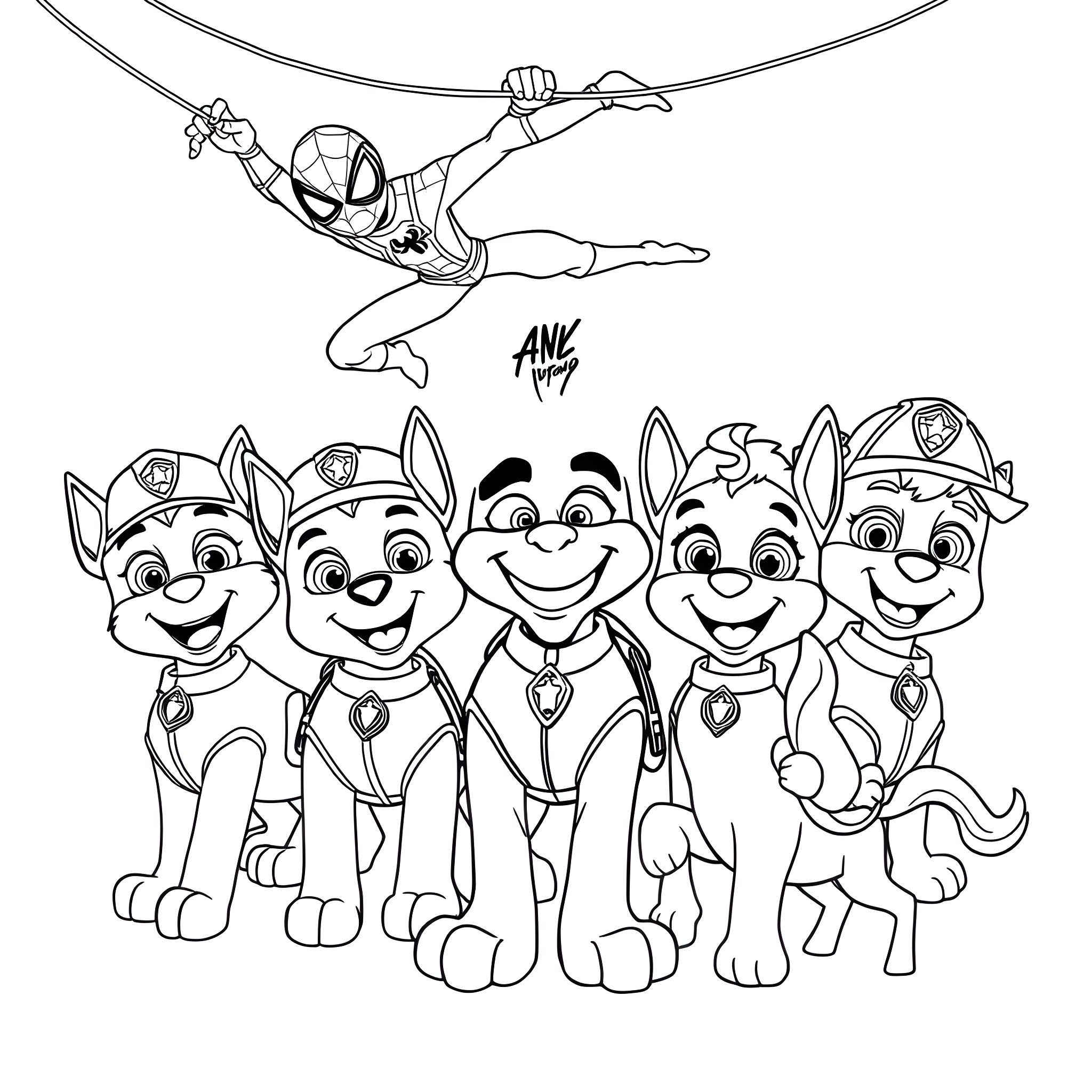 Paw Patrol characters and Spider-Man swinging above Coloring Page (free black-and-white line drawing printable PDF for all, from beginners to advanced learners, including children, teens, adults, and seniors)