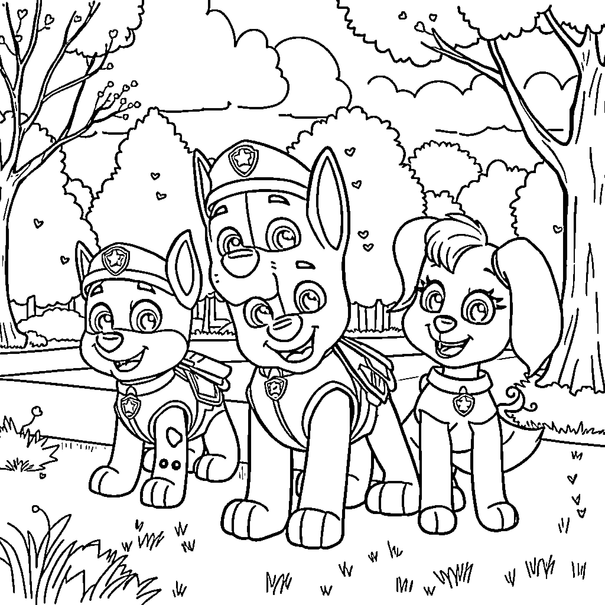 Paw Patrol characters exploring the outdoors Coloring Page (free black-and-white line drawing printable PDF for all, from beginners to advanced learners, including children, teens, adults, and seniors)