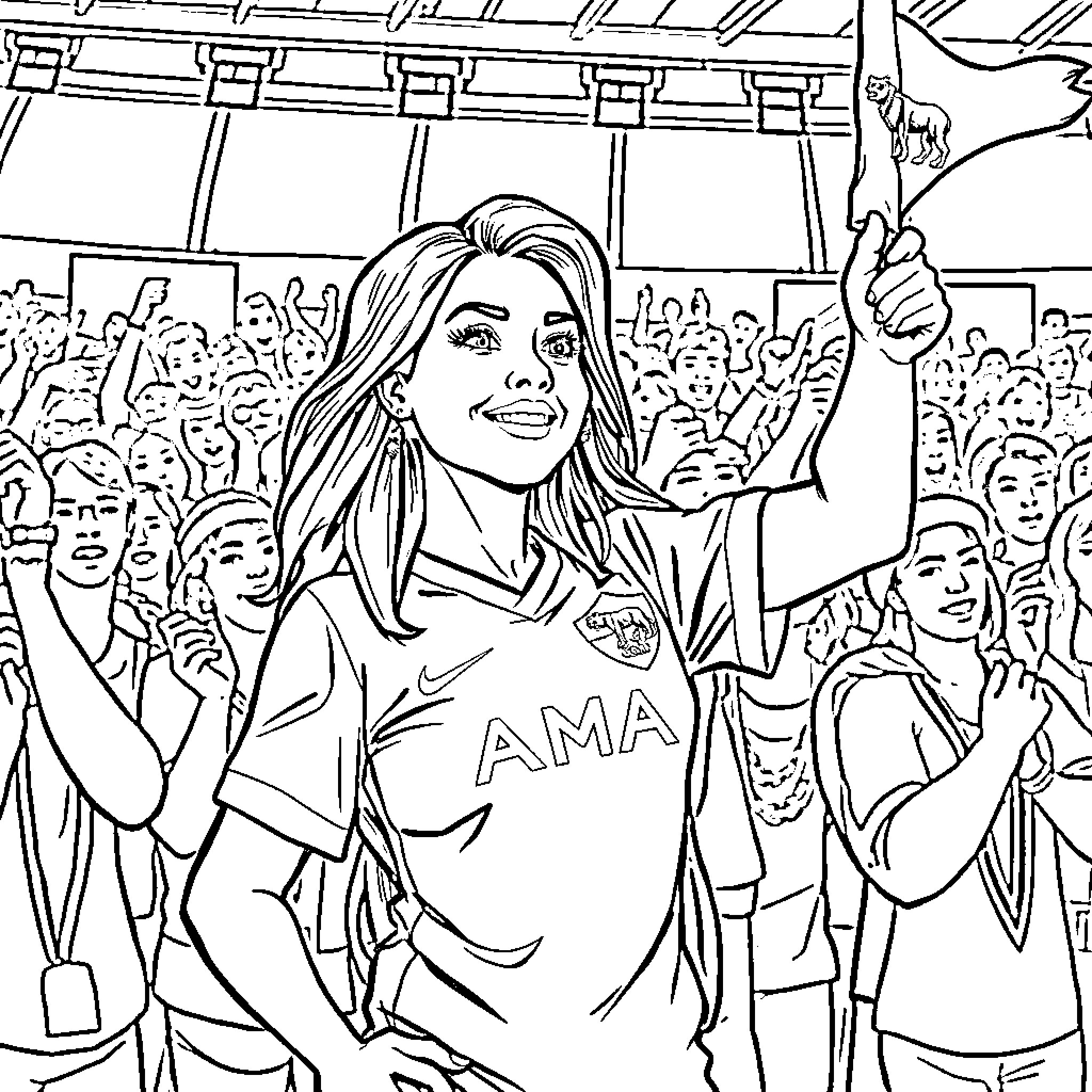 Verna celebrating with cheering crowd Coloring Page (free black-and-white line drawing printable PDF for all, from beginners to advanced learners, including children, teens, adults, and seniors)