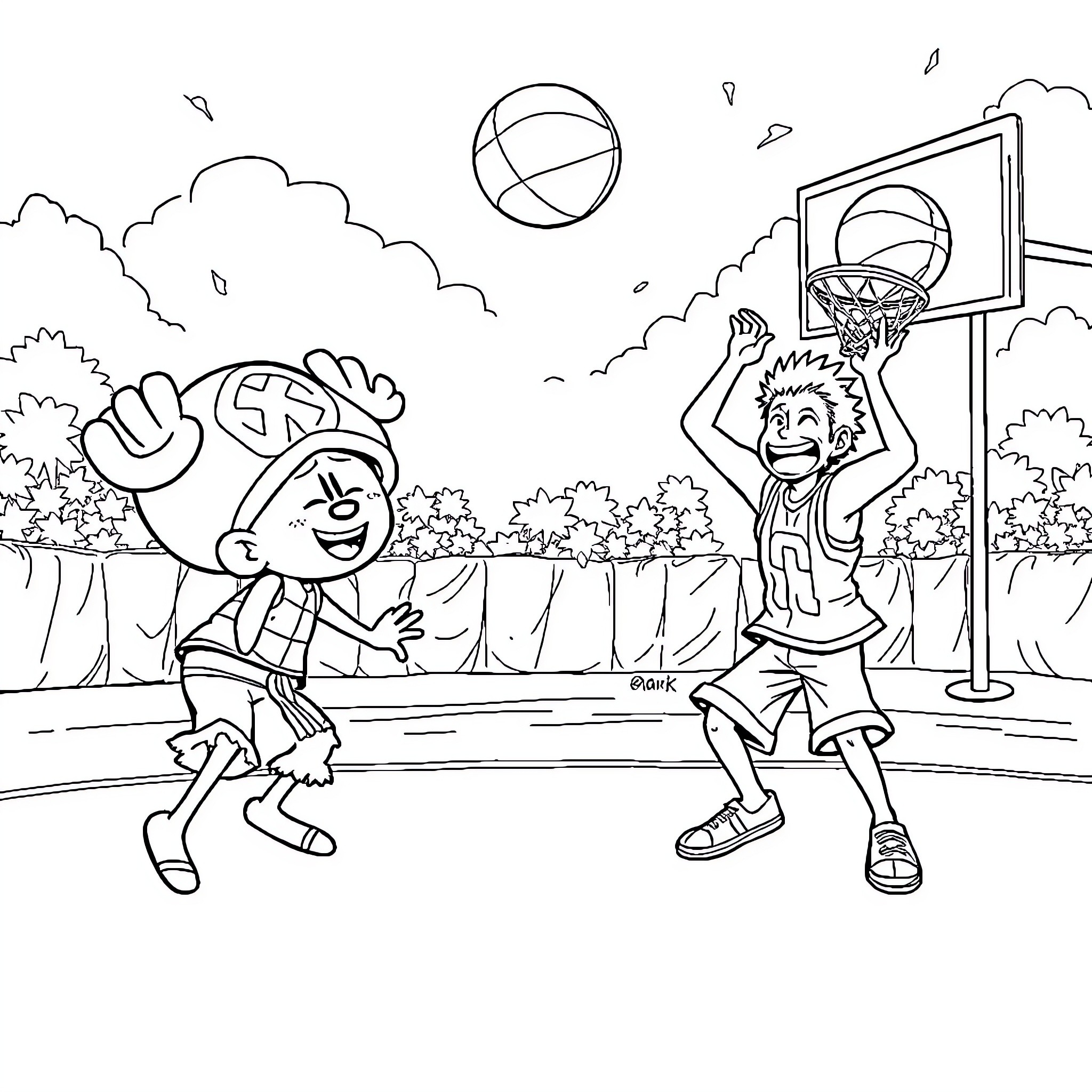 Tony Tony Chopper playing basketball with friend on court Coloring Page (free black-and-white line drawing printable PDF for all, from beginners to advanced learners, including children, teens, adults, and seniors)