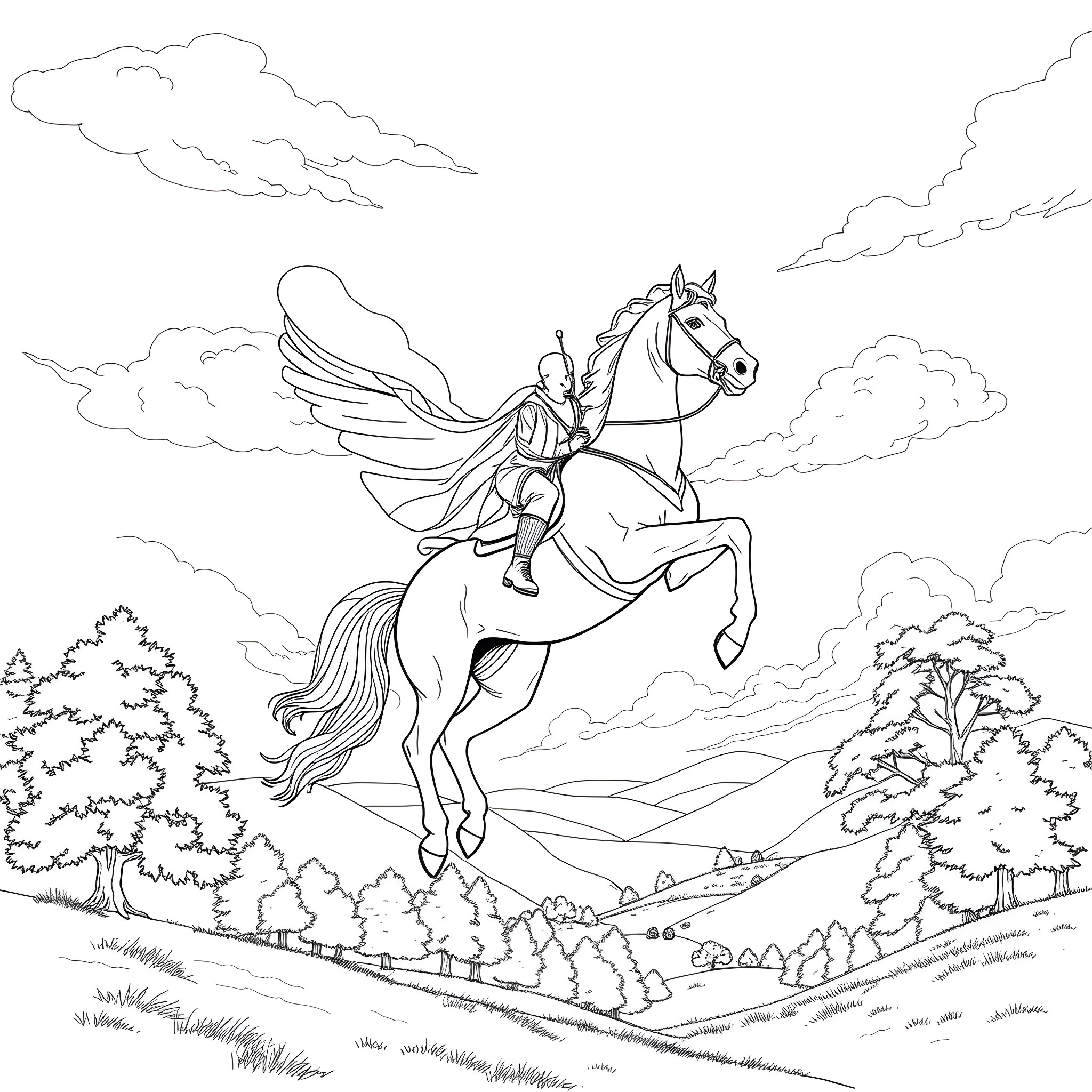 Man riding a winged horse in a fantastical landscape Coloring Page (free black-and-white line drawing printable PDF for all, from beginners to advanced learners, including children, teens, adults, and seniors)